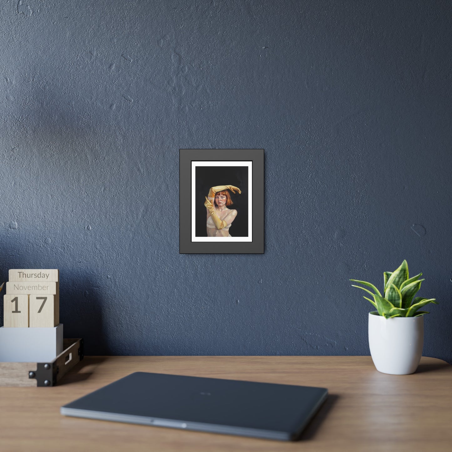 Framed Art Poster — Portrait of Redhead Woman in Yellow Gloves (Gallery Wall Print)