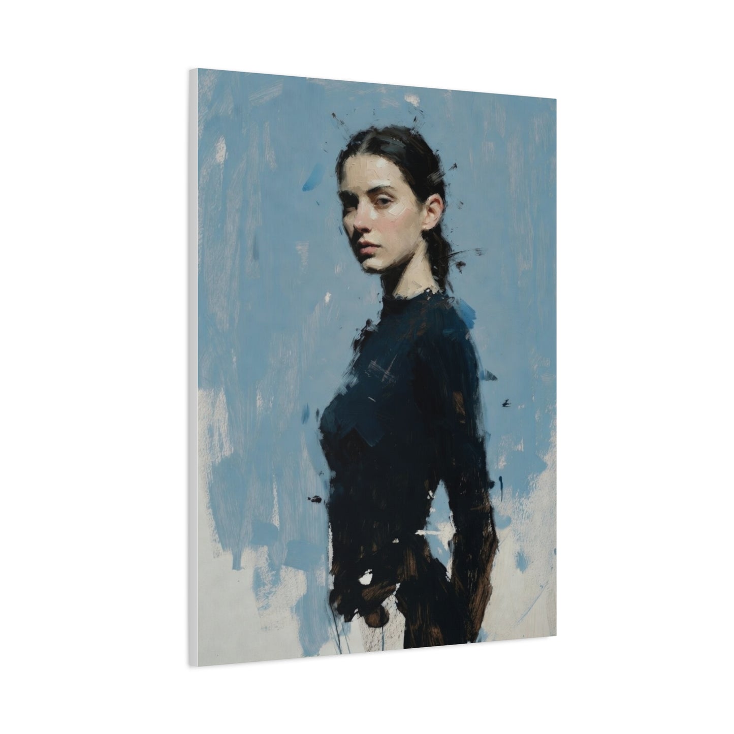 Matte Stretched Canvas Print — Portrait of a Young Woman, Moody Blue Figurative Art