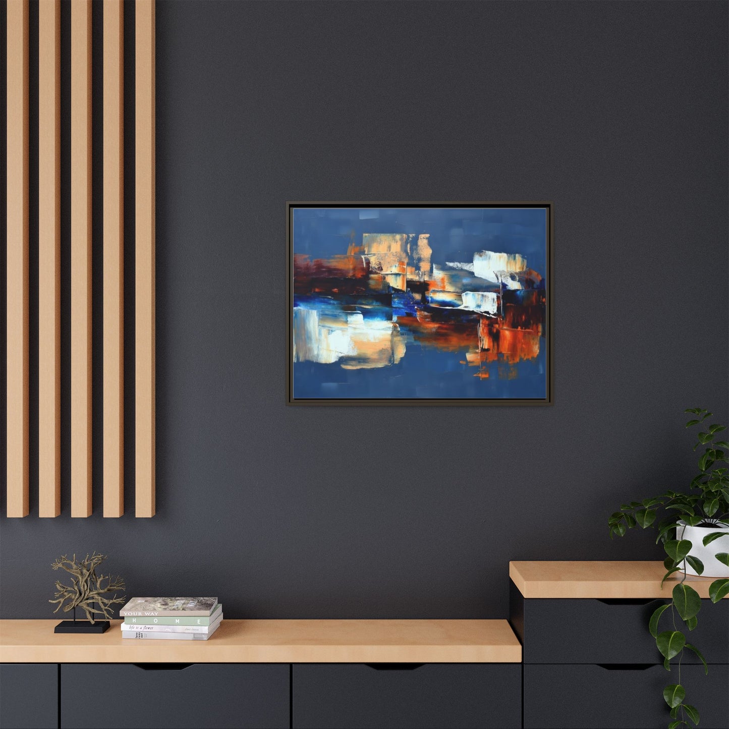 Abstract Blue & Rust Framed Canvas Art — Modern Matte Wall Painting