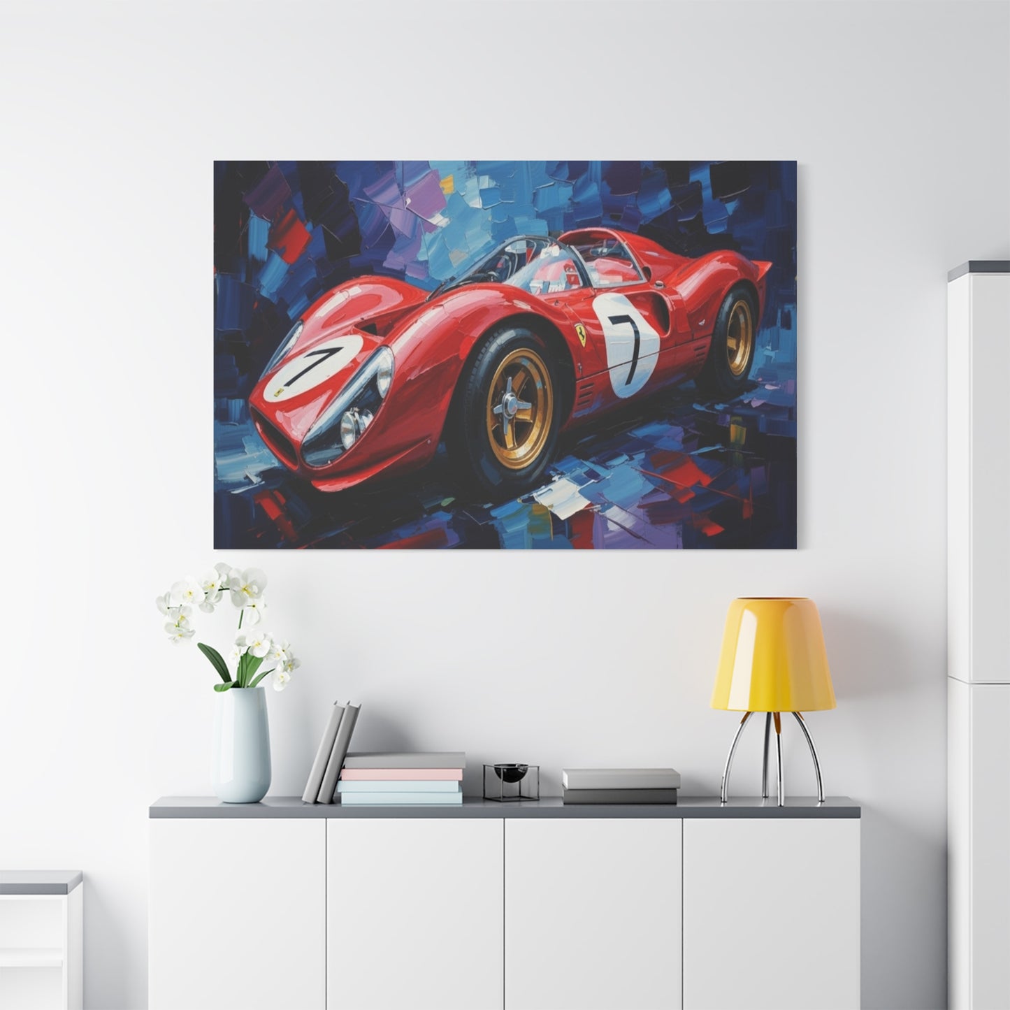 Vintage Ferrari Racing Car Canvas Print — Red Classic Sports Car Artwork (Matte Stretched)