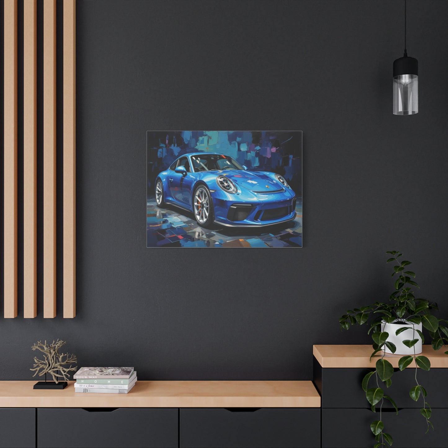 Blue Sports Car Canvas Wall Art — Modern Automotive Painting on Stretched Matte Canvas