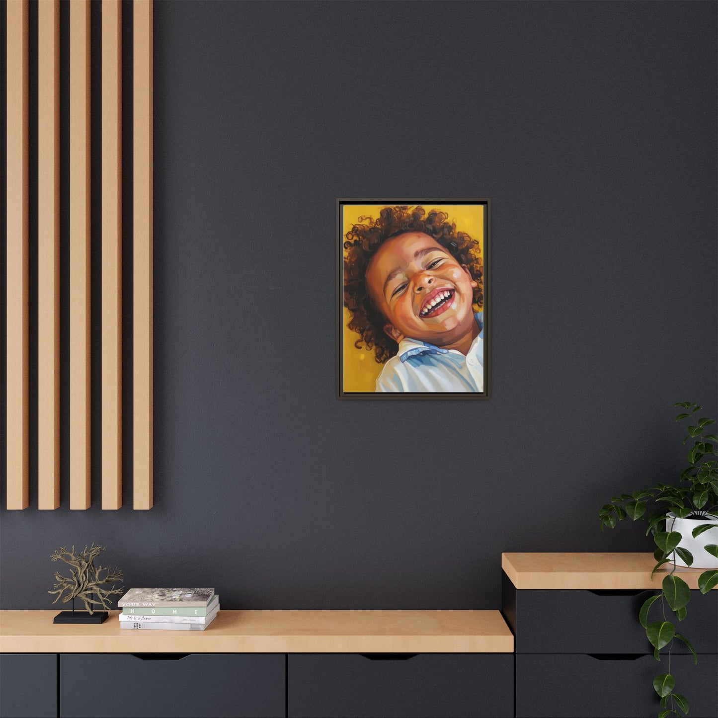 Framed Matte Canvas Print – Joyful Child Portrait, Colorful Nursery Wall Art