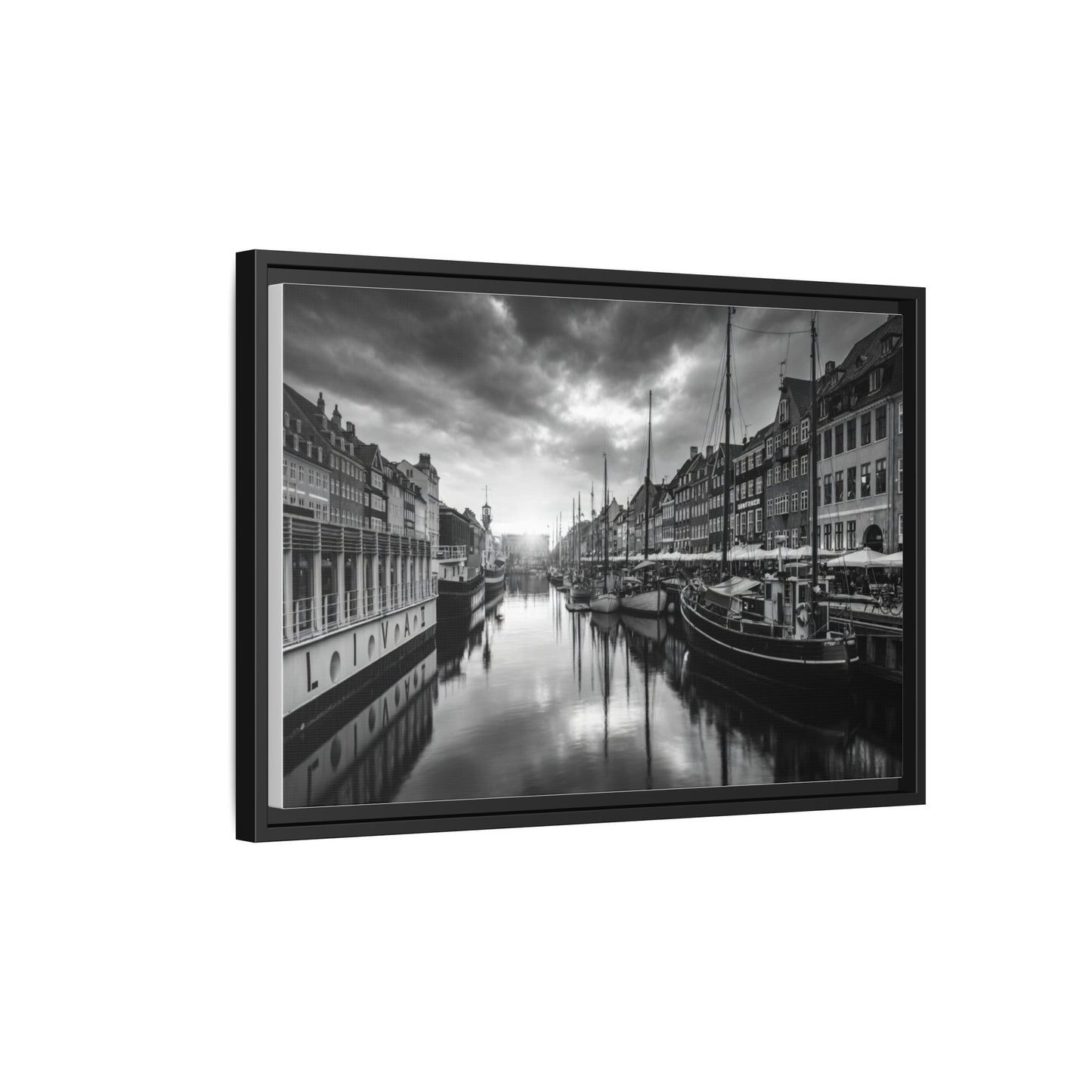 Framed Matte Canvas: Black & White Dutch Canal Photography Wall Art
