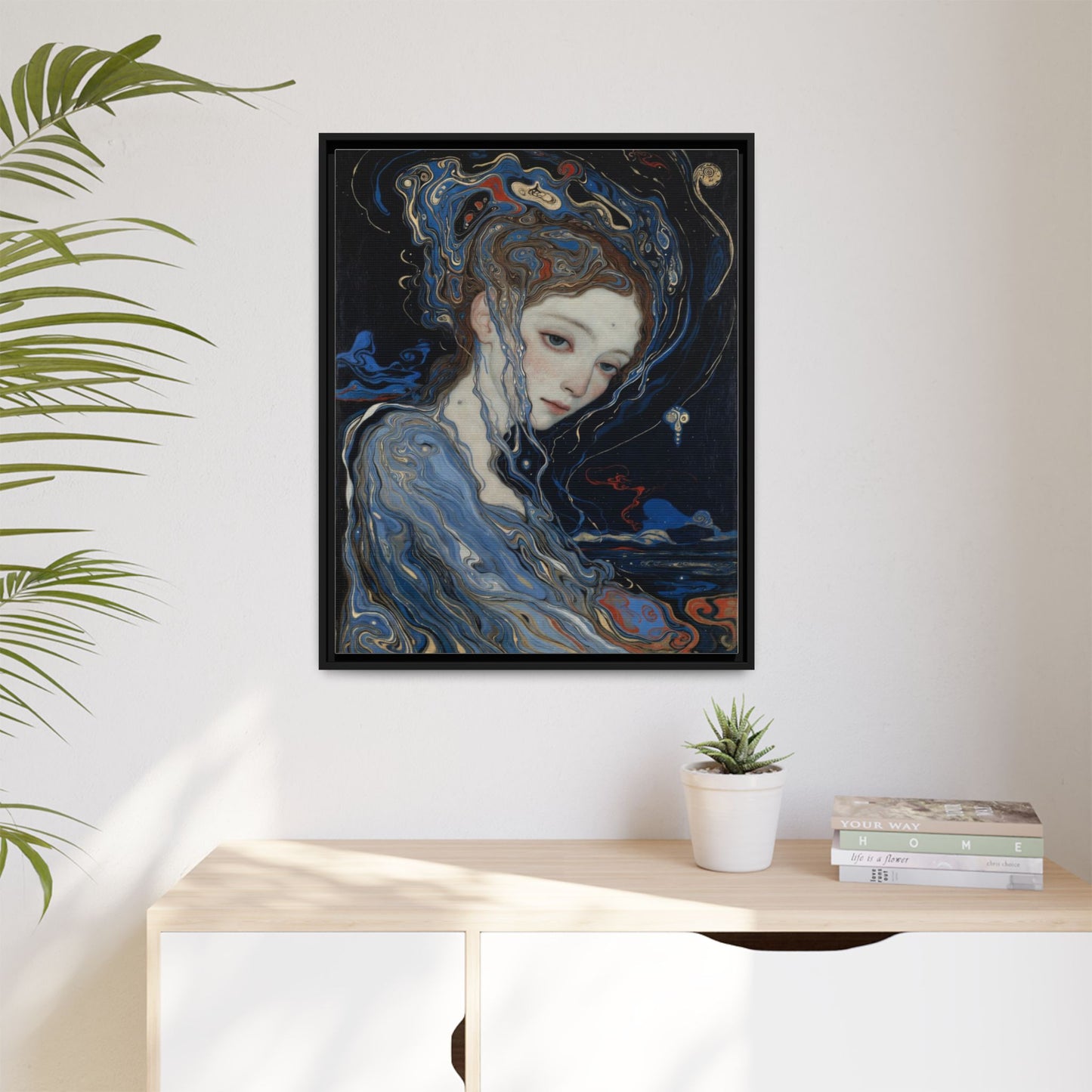 Framed Matte Canvas Art Print — Surreal Blue Maiden Portrait