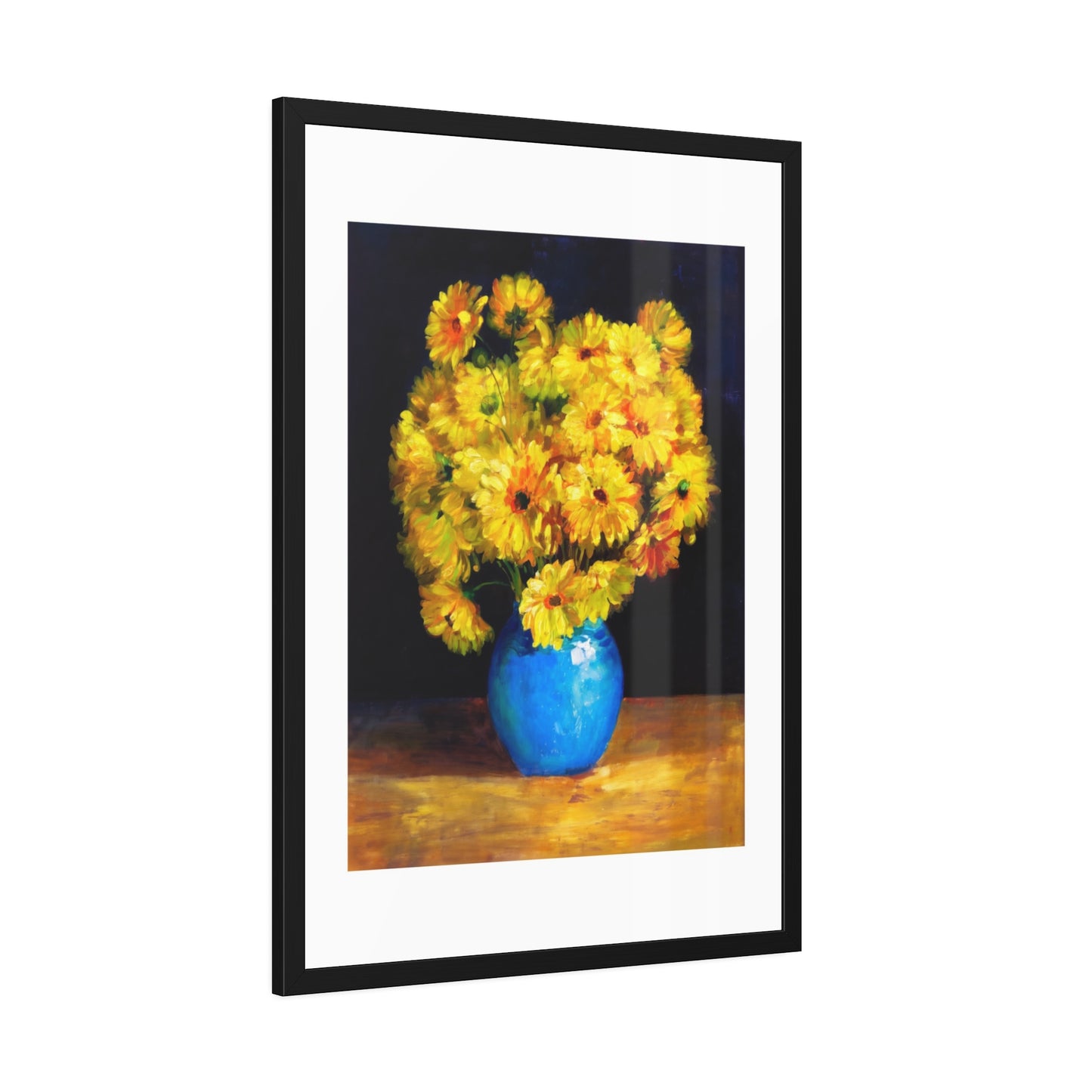Framed Art Print — Yellow Daisy Bouquet in Blue Vase