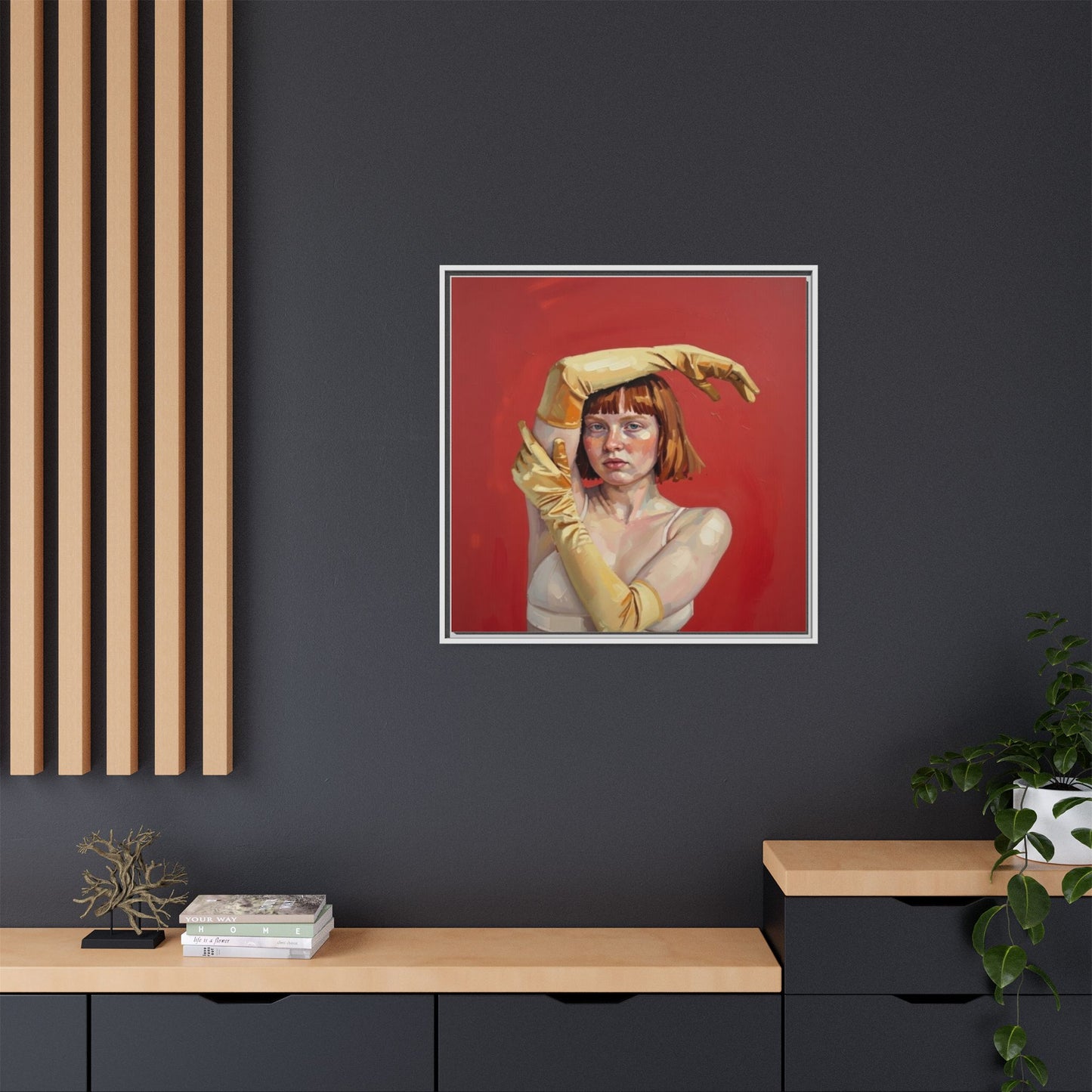 Framed Matte Canvas Art - Portrait of Woman in Yellow Gloves (Red Background)