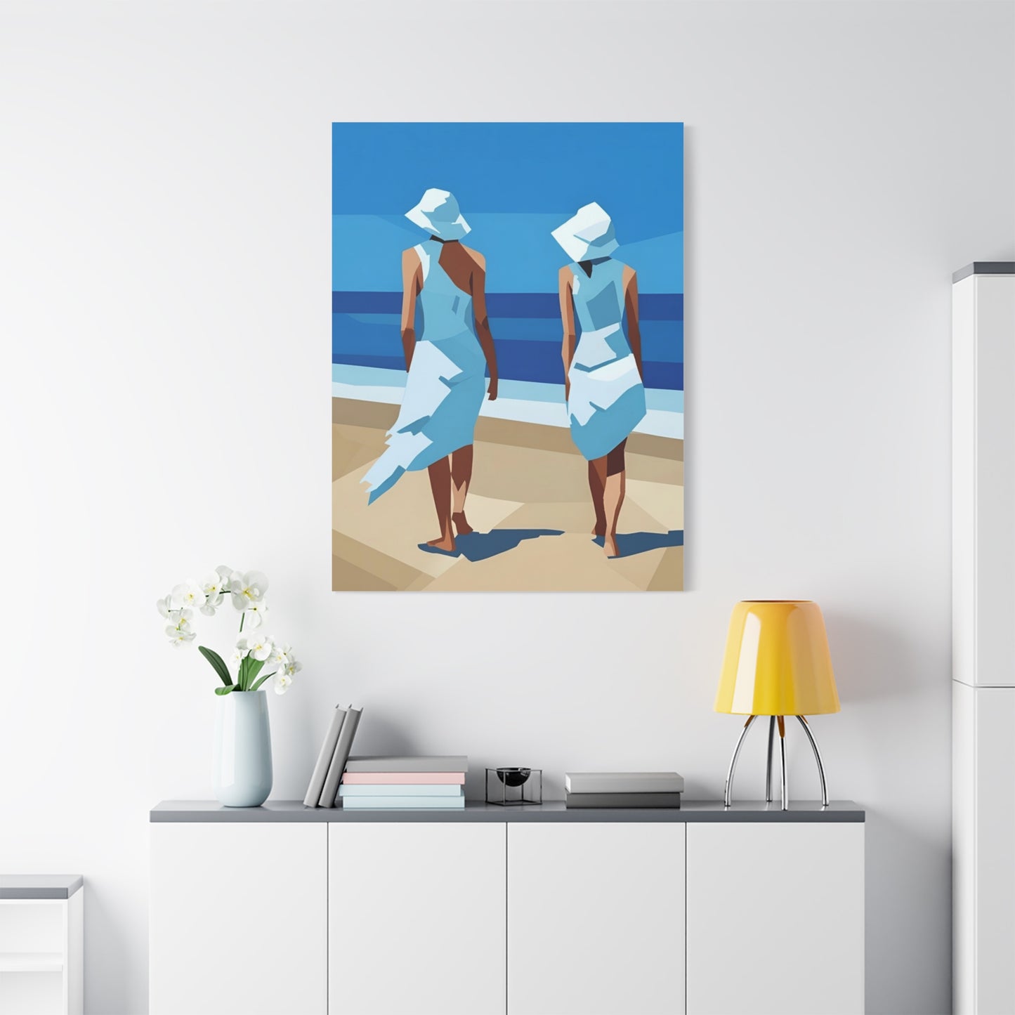 Beach Stroll Canvas Print — Two Women in Blue Sun Hats Matte Stretched