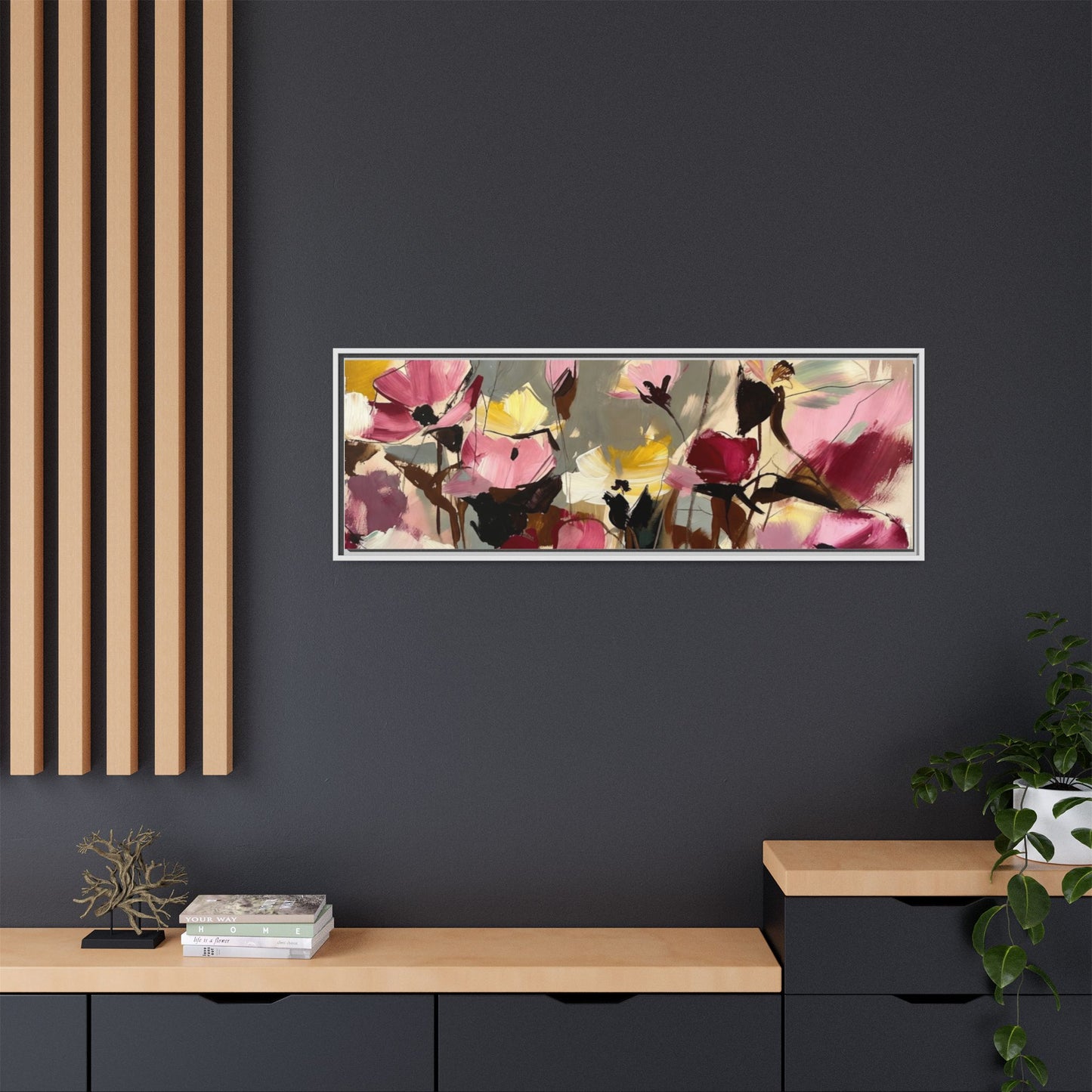 Framed Floral Canvas Wall Art — Abstract Pink & Yellow Flowers