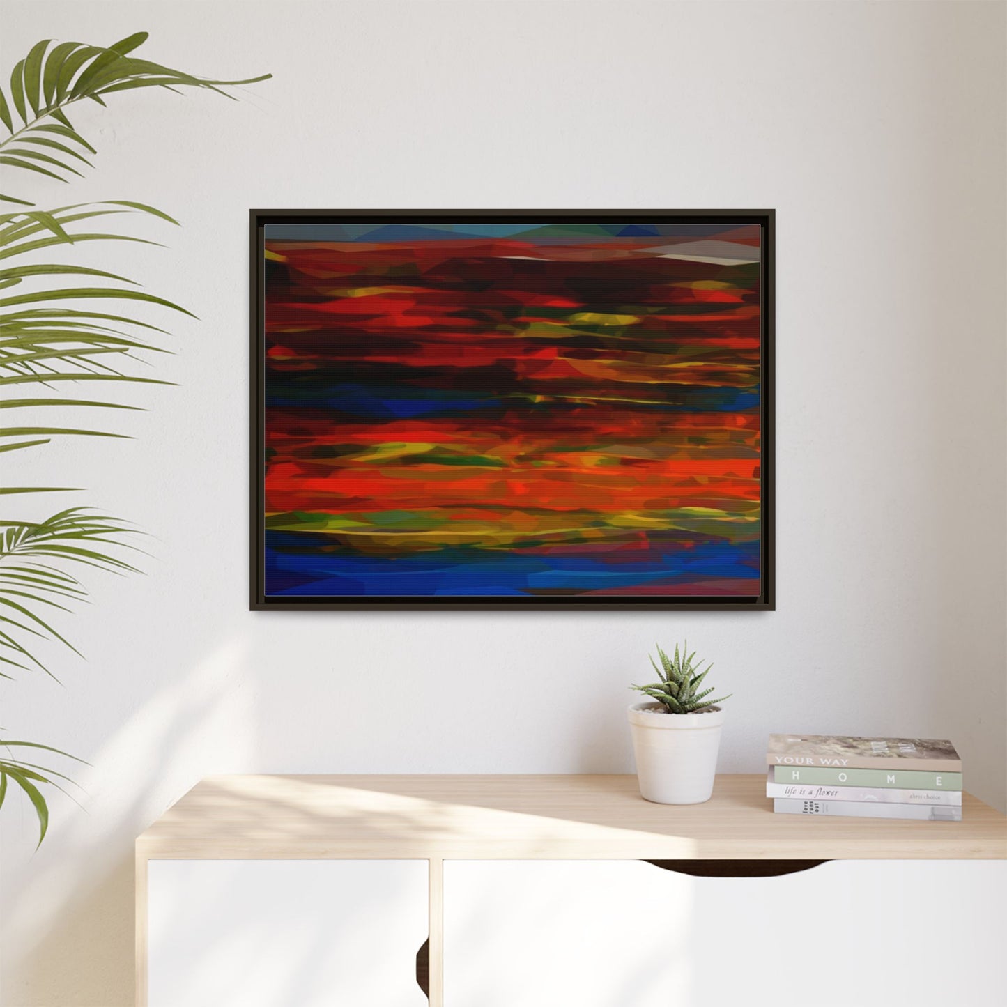 Abstract Multi-Color Matte Canvas Framed Wall Art — Bold Red & Blue Modern Painting