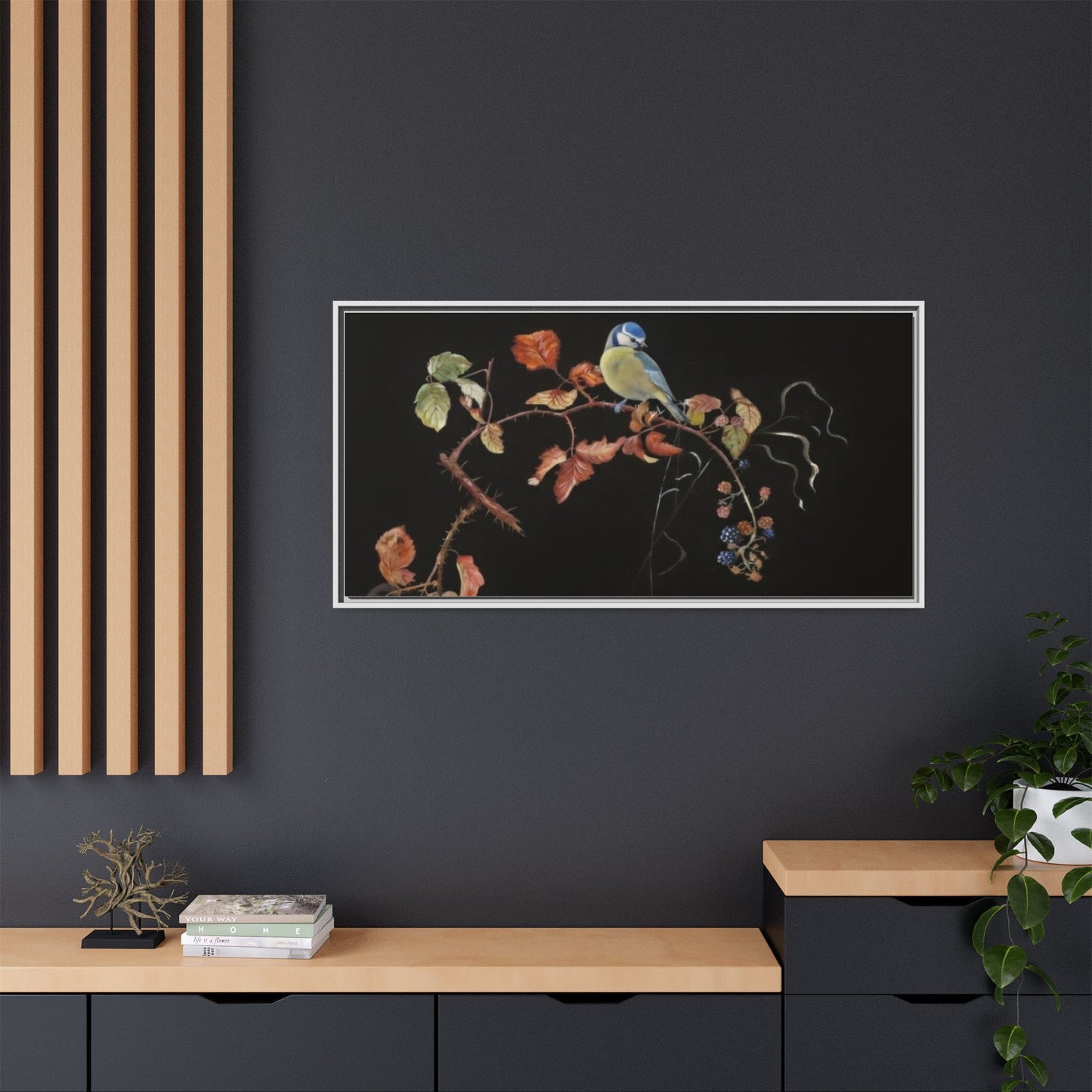 Framed Matte Canvas - Blue Tit on Autumn Branch Wall Art