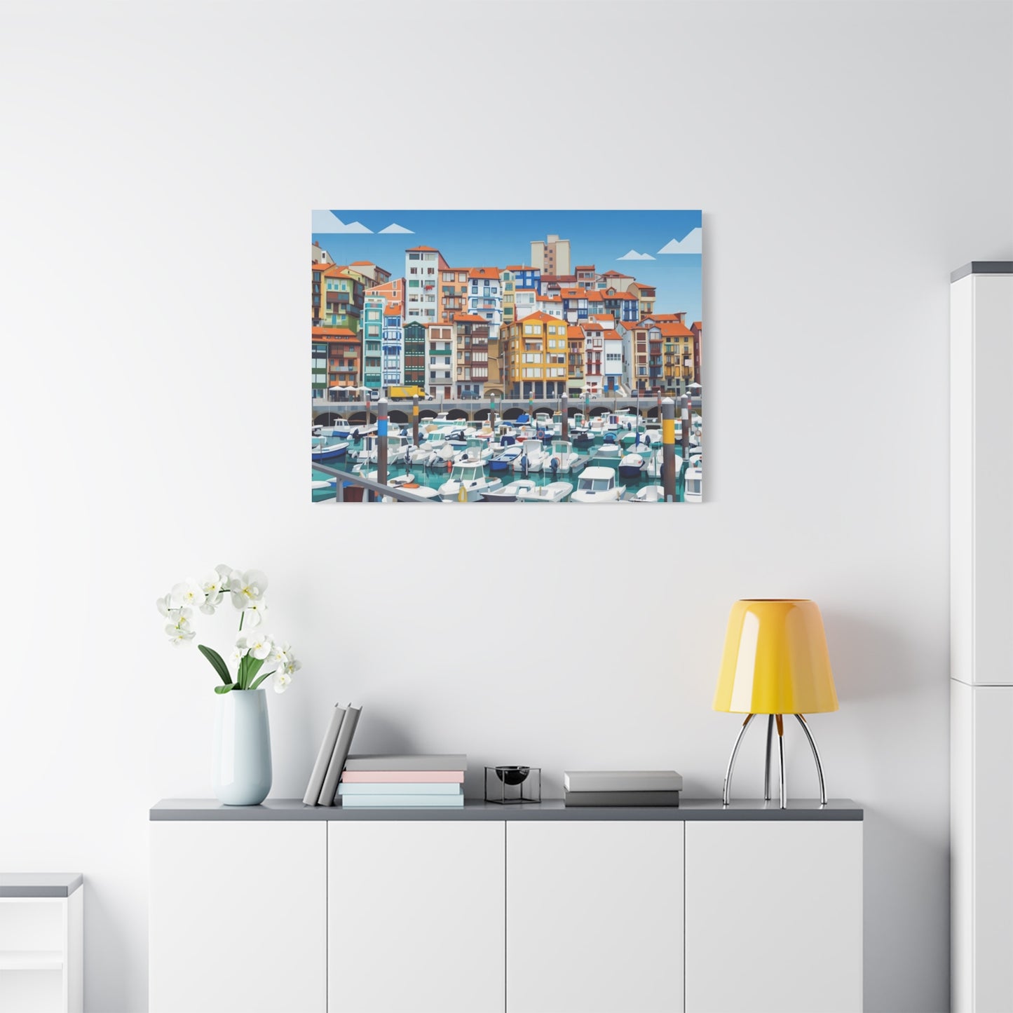 Colorful Coastal Harbor Matte Canvas Print — Stretched Wall Art