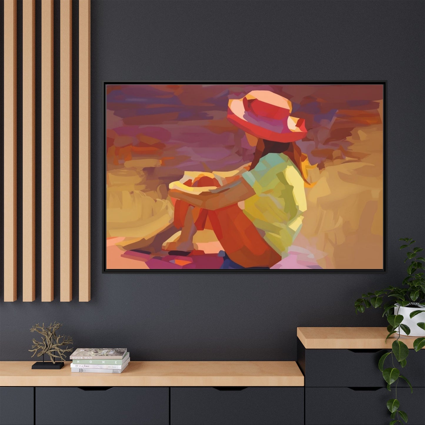 Framed Matte Canvas — Colorful Seated Girl Beach Art