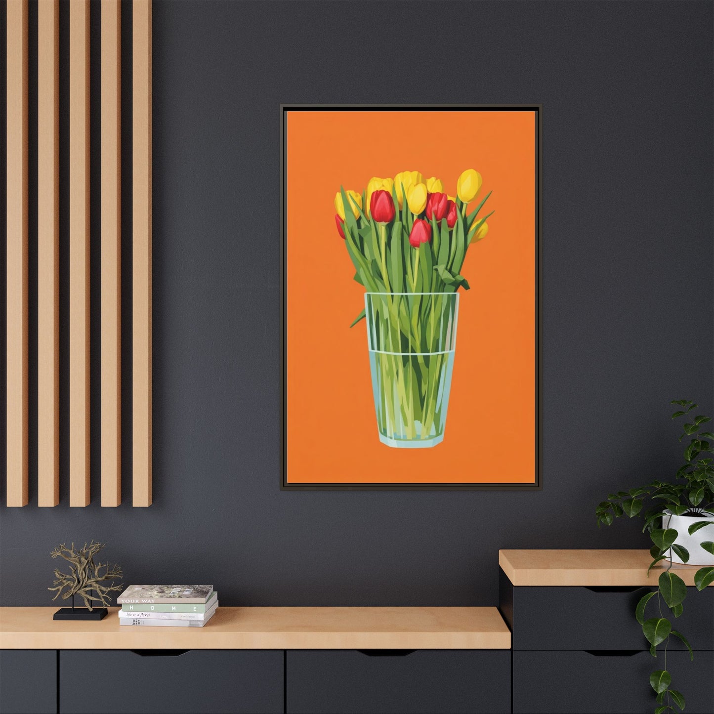 Framed Tulip Canvas Print — Colorful Tulips in Glass Vase