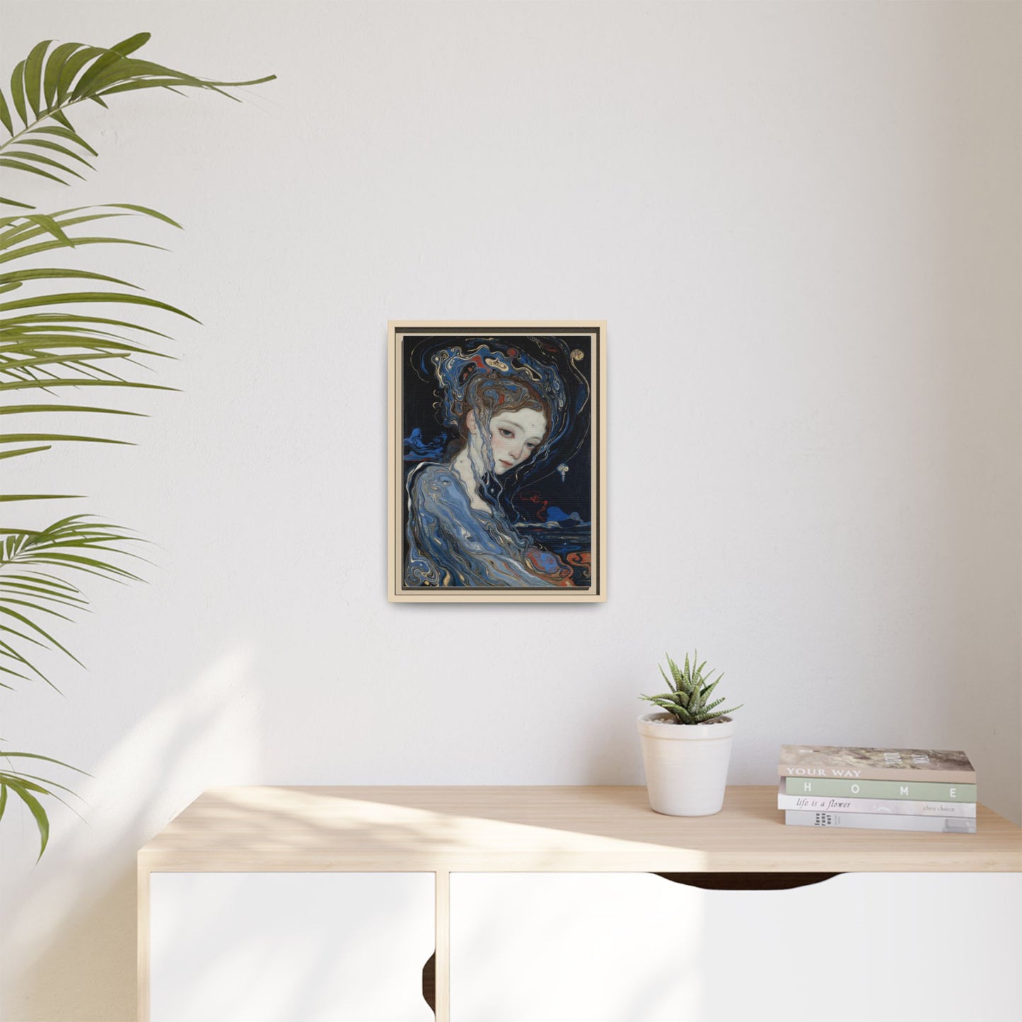 Framed Matte Canvas Art Print — Surreal Blue Maiden Portrait