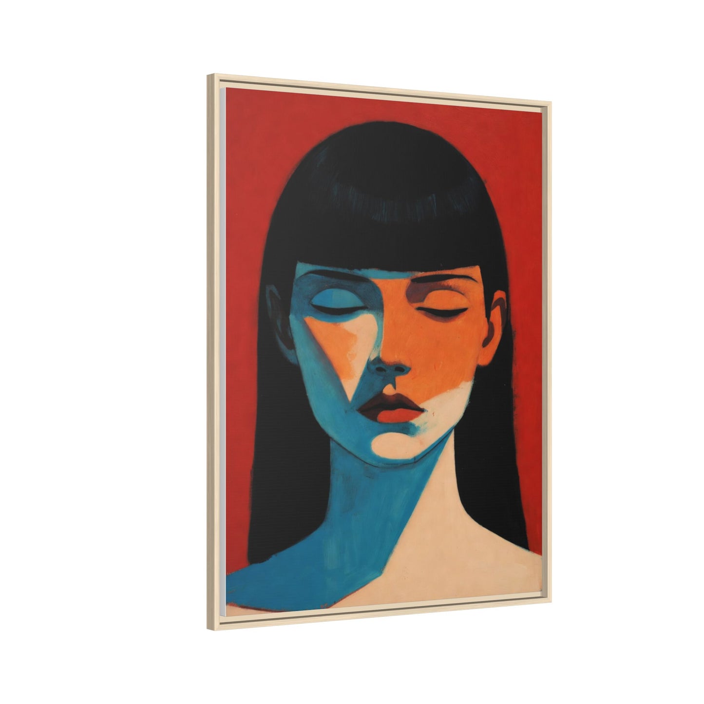 Framed Matte Canvas Art – Minimalist Portrait in Red & Teal