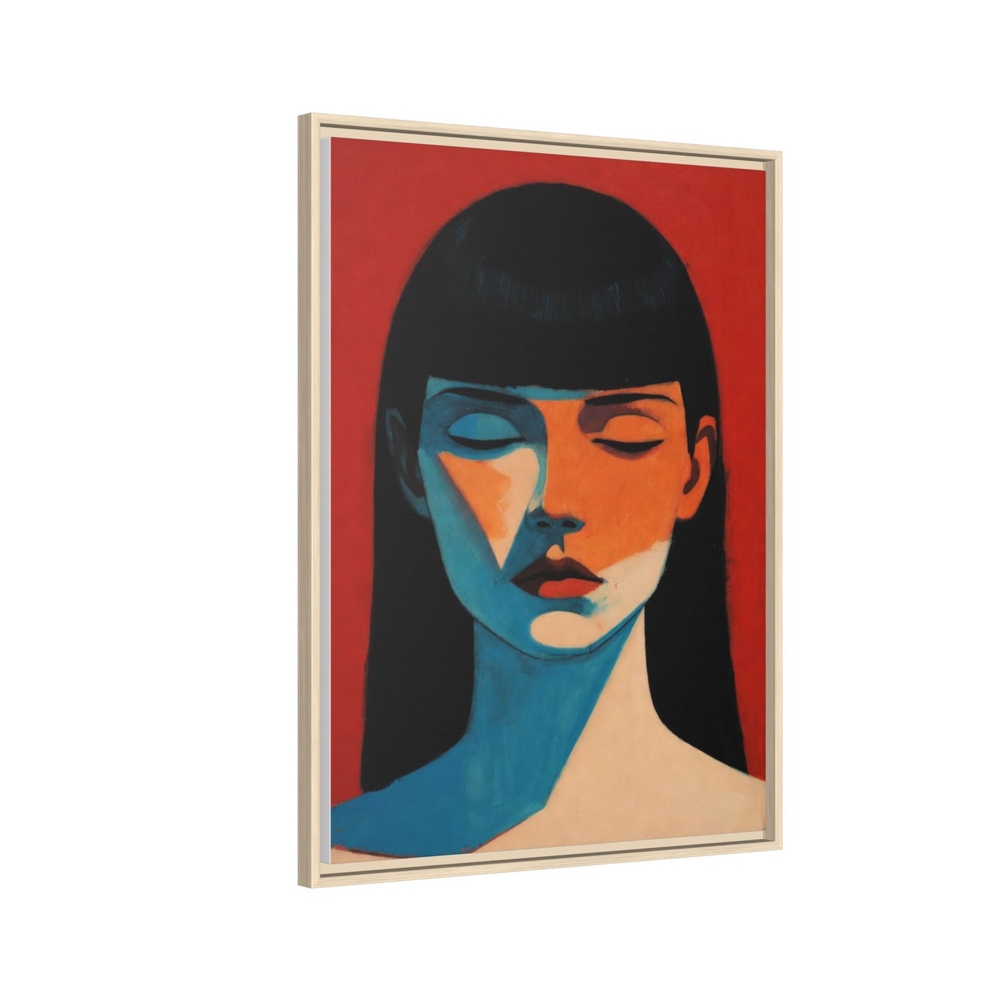 Framed Matte Canvas Art – Minimalist Portrait in Red & Teal
