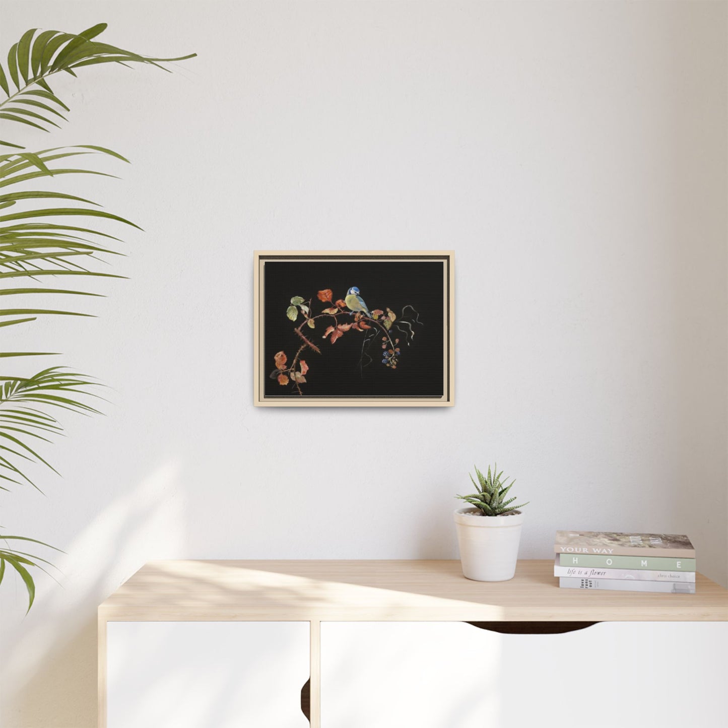 Framed Matte Canvas - Blue Tit on Autumn Branch Wall Art