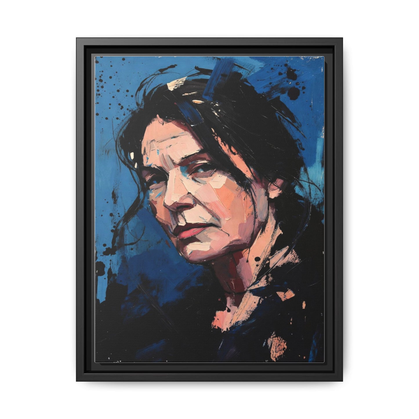Framed Matte Canvas Portrait — Expressive Blue Painterly Woman Art