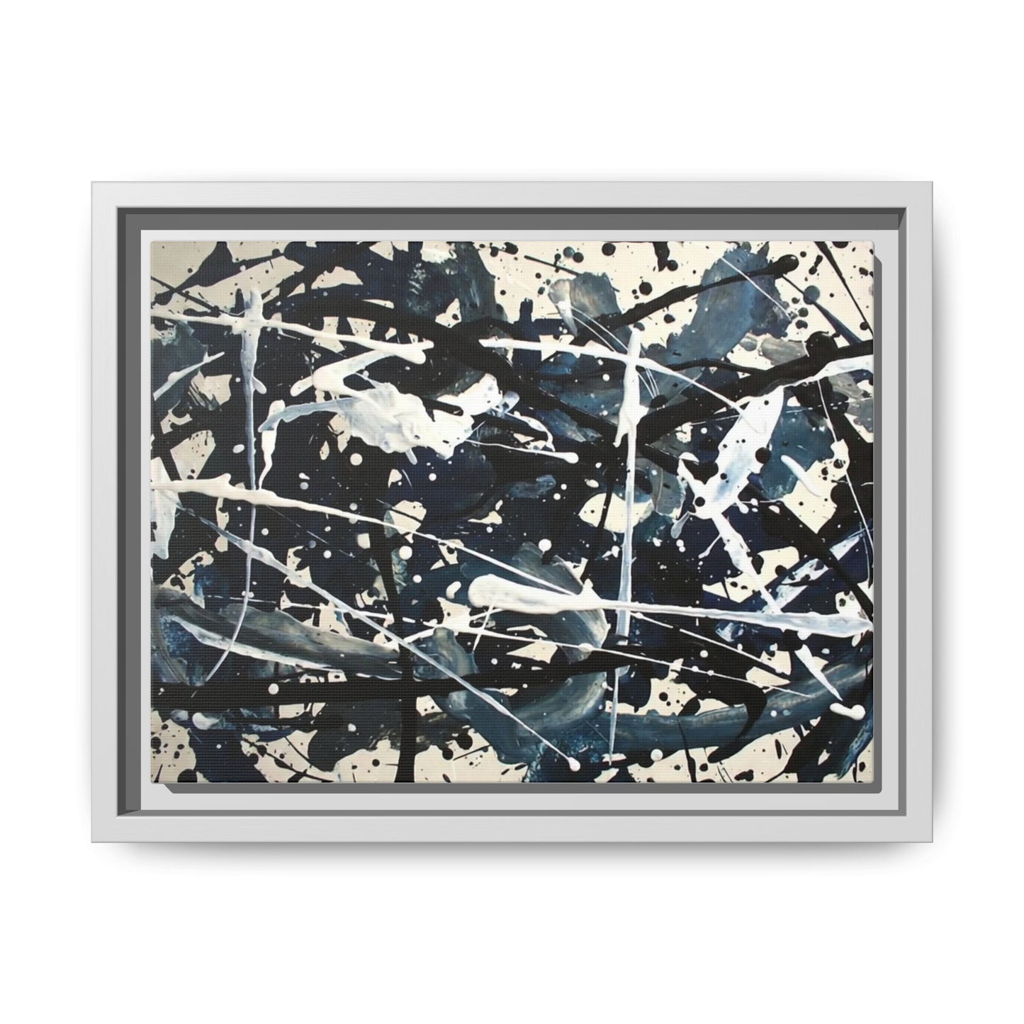 Abstract Splatter Matte Canvas Framed Wall Art — Black & Blue Modern Art Print
