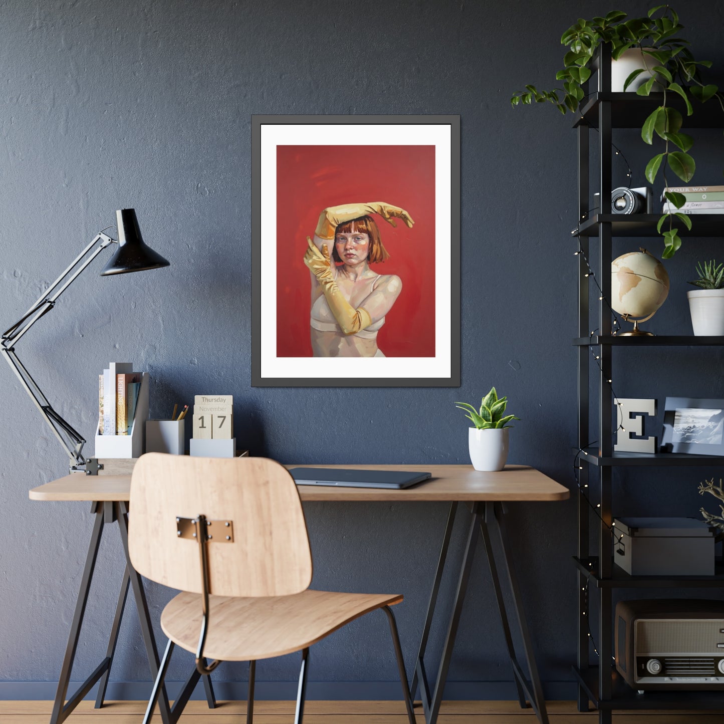 Framed Art Print — Retro Portrait with Yellow Gloves on Red Background