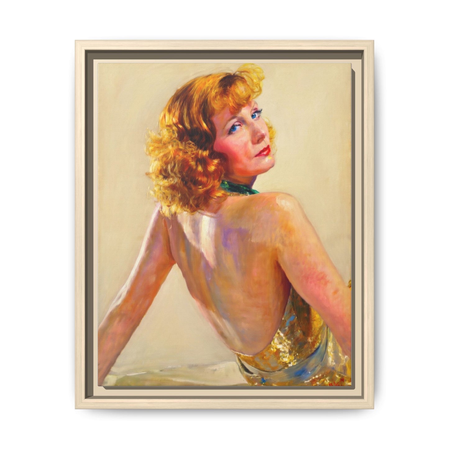 Framed Matte Canvas Print — Vintage Portrait of Redhead Greta Garbo in Gold Dress