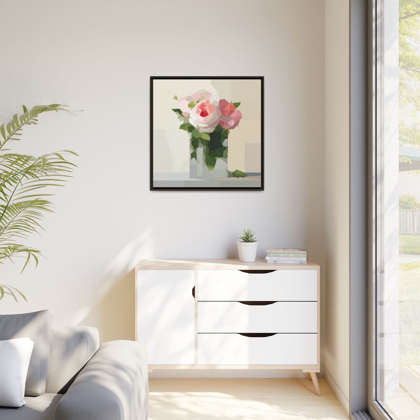 Framed Floral Canvas Print — Geometric Pink Rose Wall Art