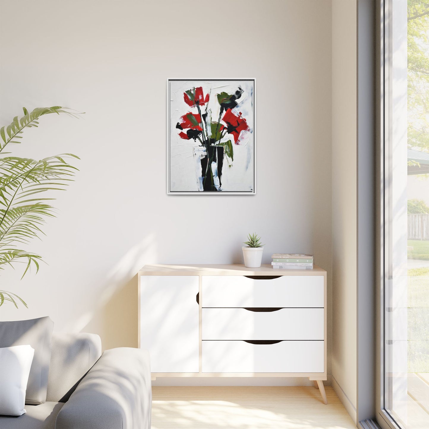 Framed Abstract Floral Canvas Print — Red Poppies in Black Vase
