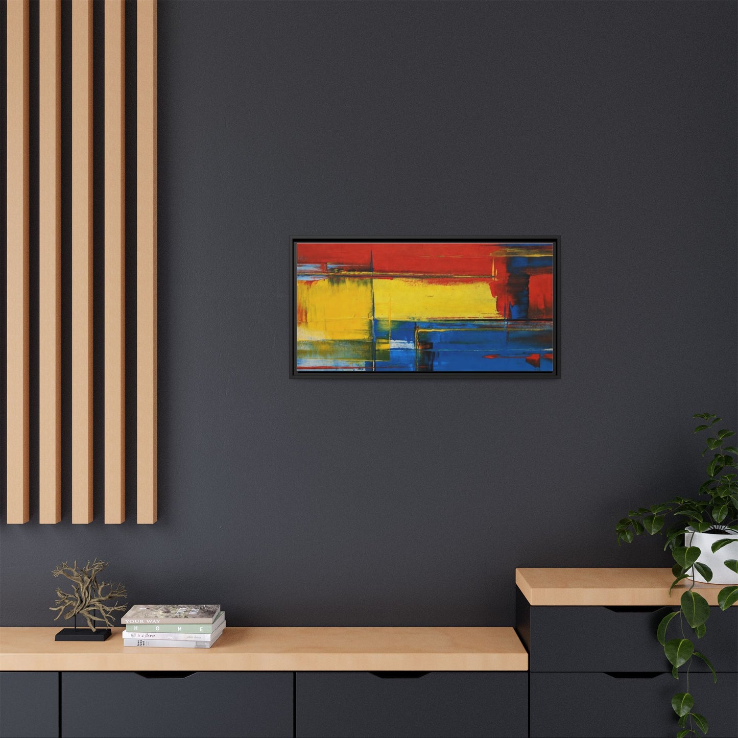 Abstract Color Block Matte Canvas Framed Wall Art — Modern Red Yellow Blue Painting