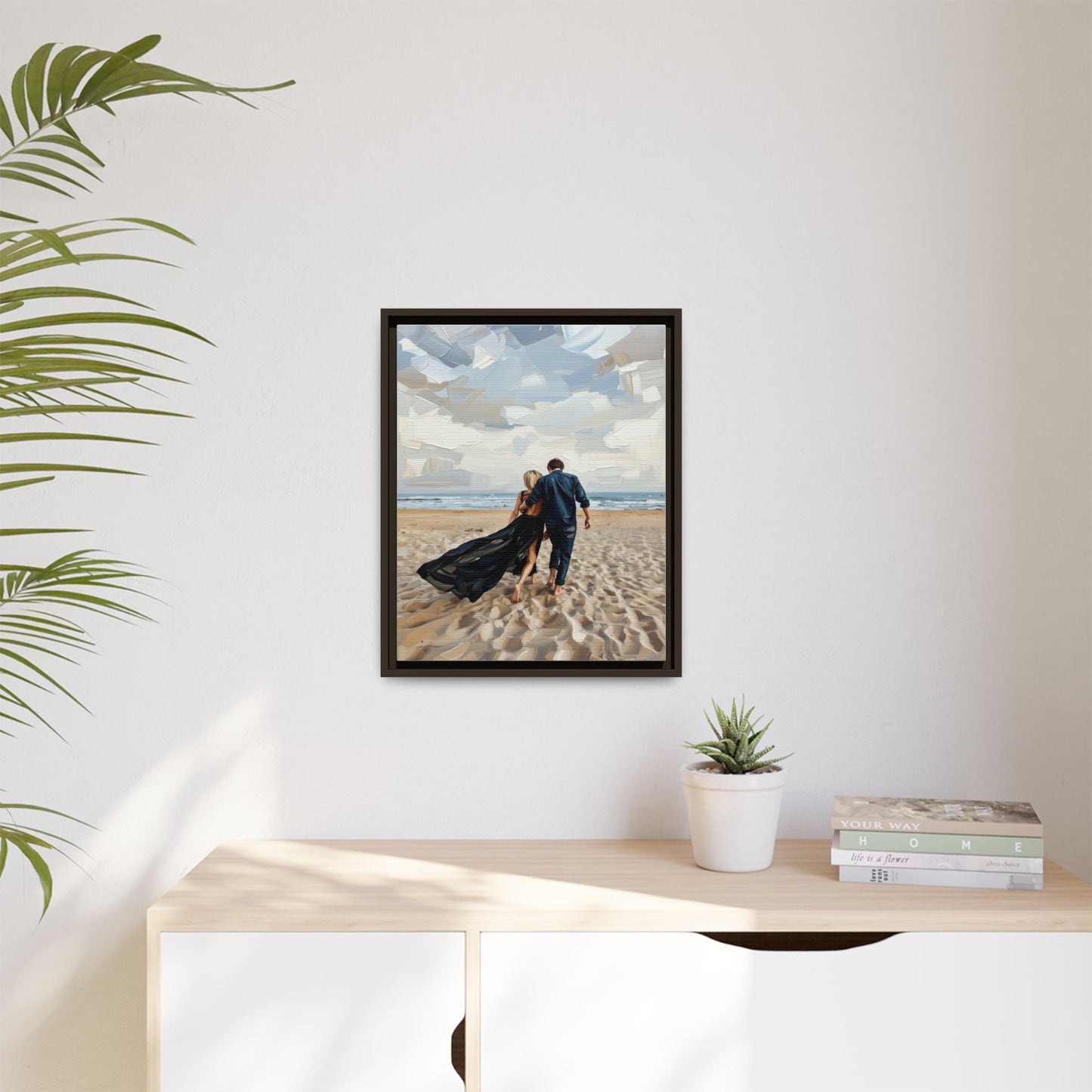 Framed Canvas Wall Art — Romantic Couple Walking on Beach Print
