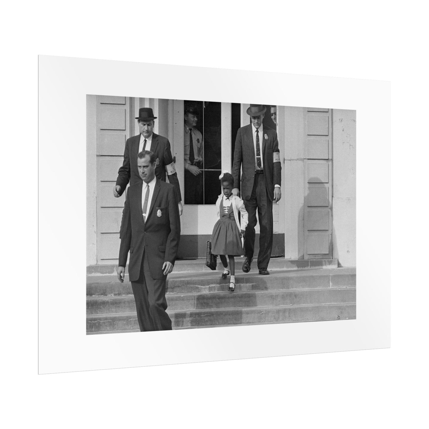 US Marshals with Young Ruby Bridges on School Steps by Unknown  Black & White Civil Rights Photograph Wall Art Print
