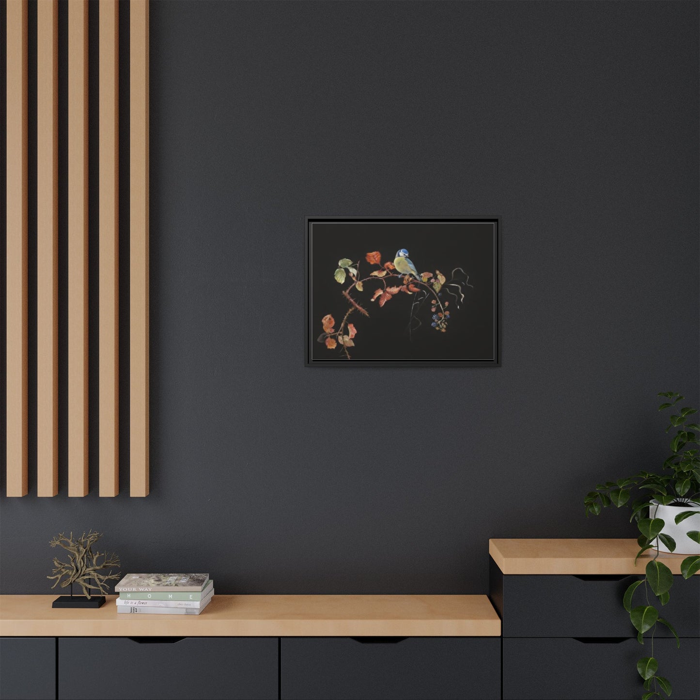 Framed Matte Canvas - Blue Tit on Autumn Branch Wall Art