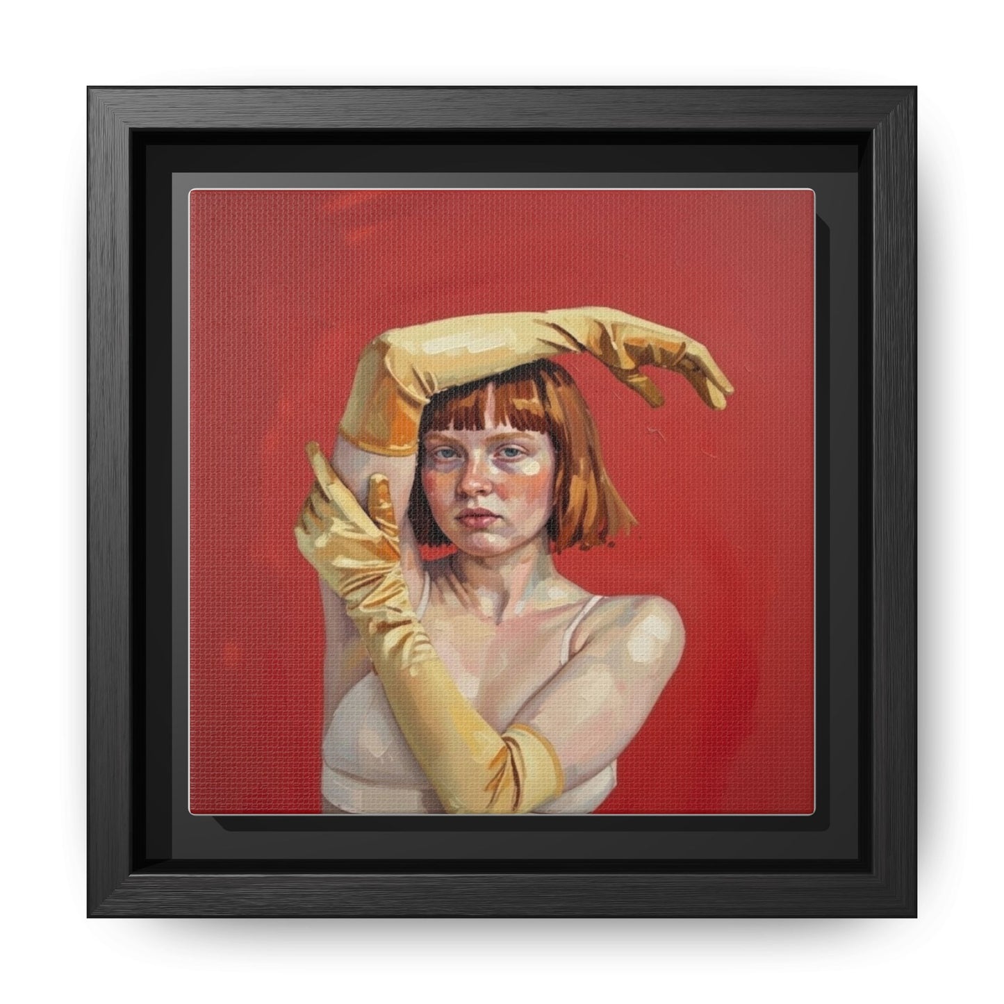 Framed Matte Canvas Art - Portrait of Woman in Yellow Gloves (Red Background)