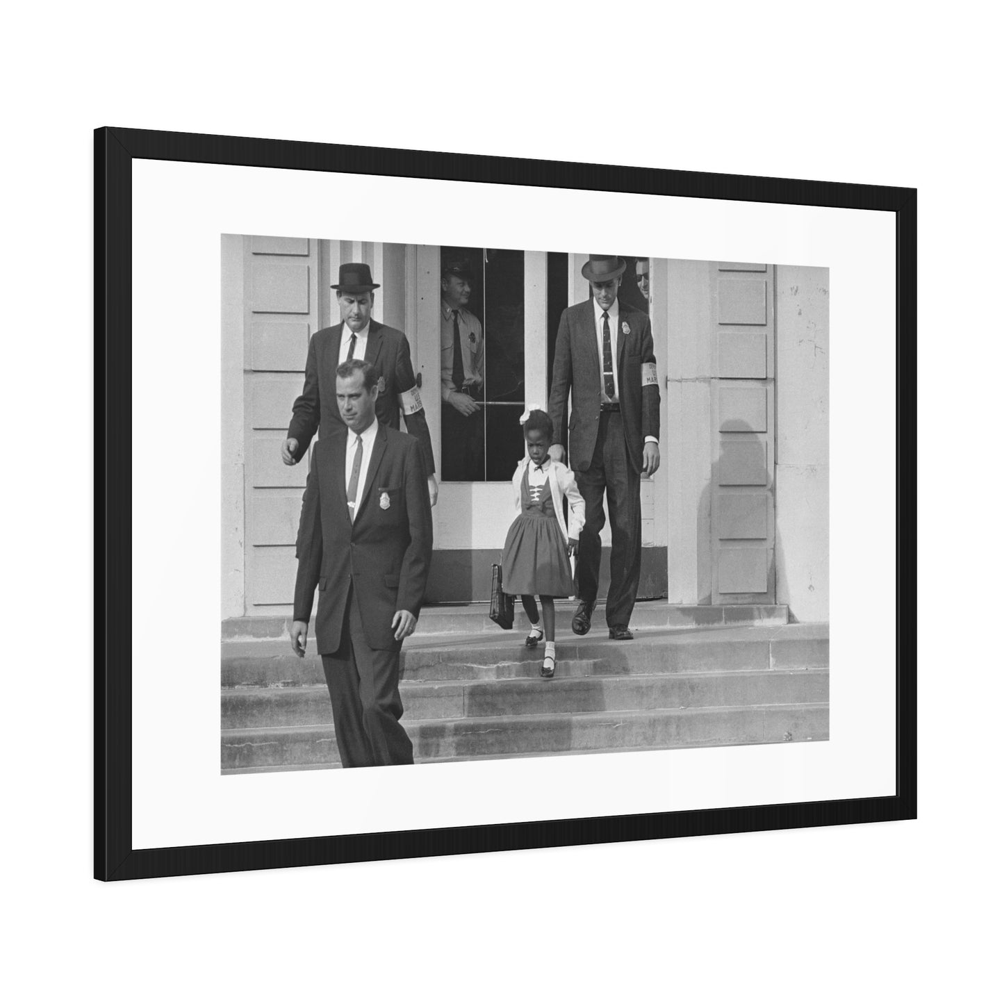 US Marshals with Young Ruby Bridges on School Steps by Unknown  Black & White Civil Rights Photograph Framed Wall Art Print