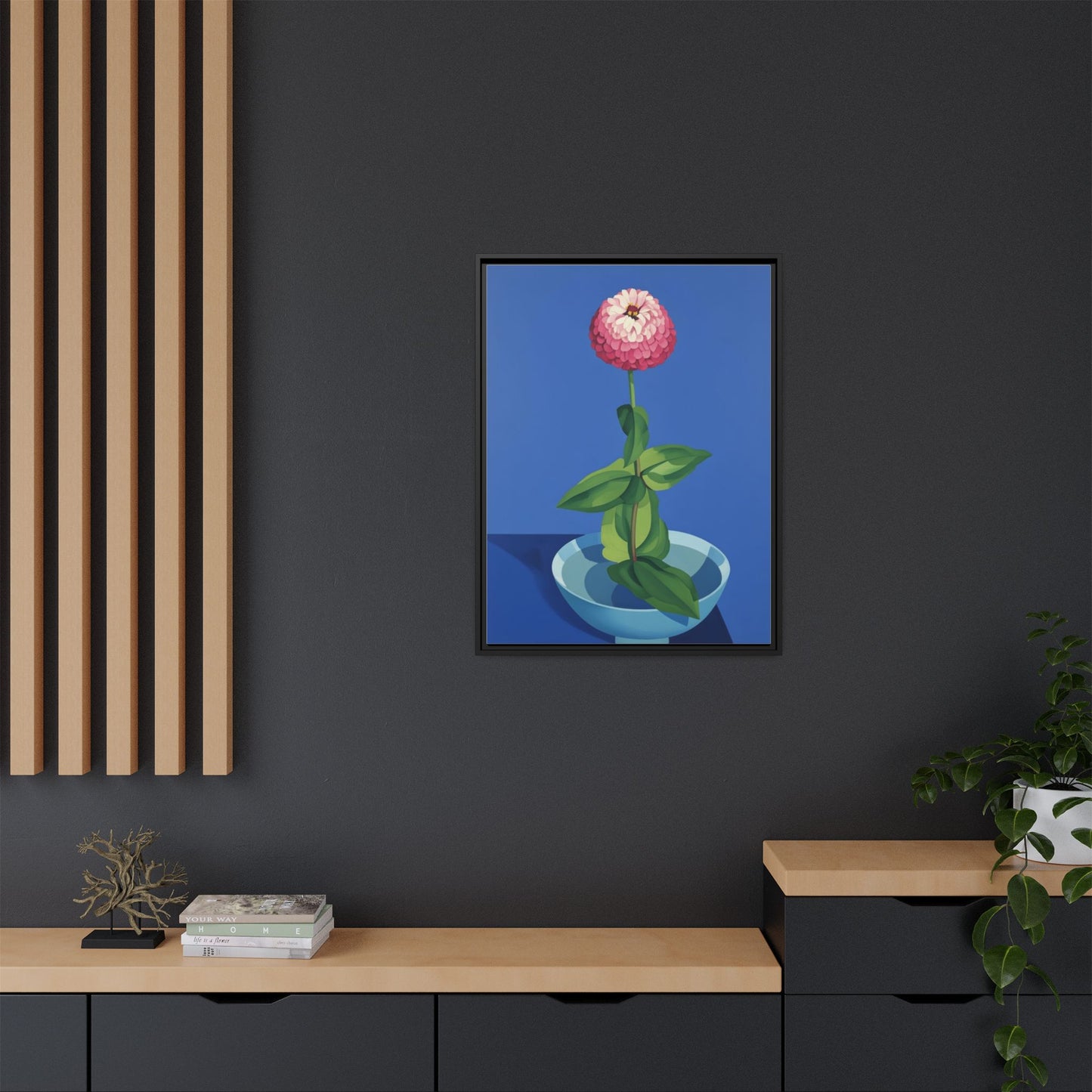 Framed Matte Canvas Art — Pink Zinnia in Blue Bowl (Botanical Still Life)
