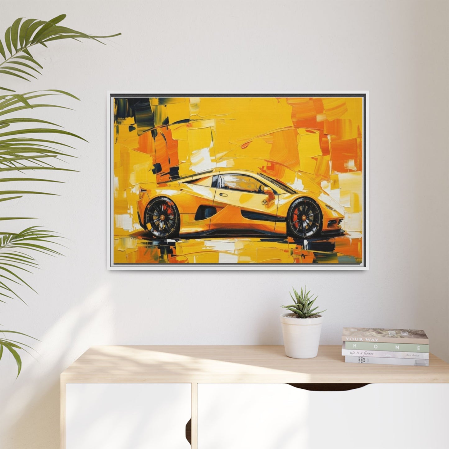 Yellow Sports Car Abstract Matte Canvas Framed Print