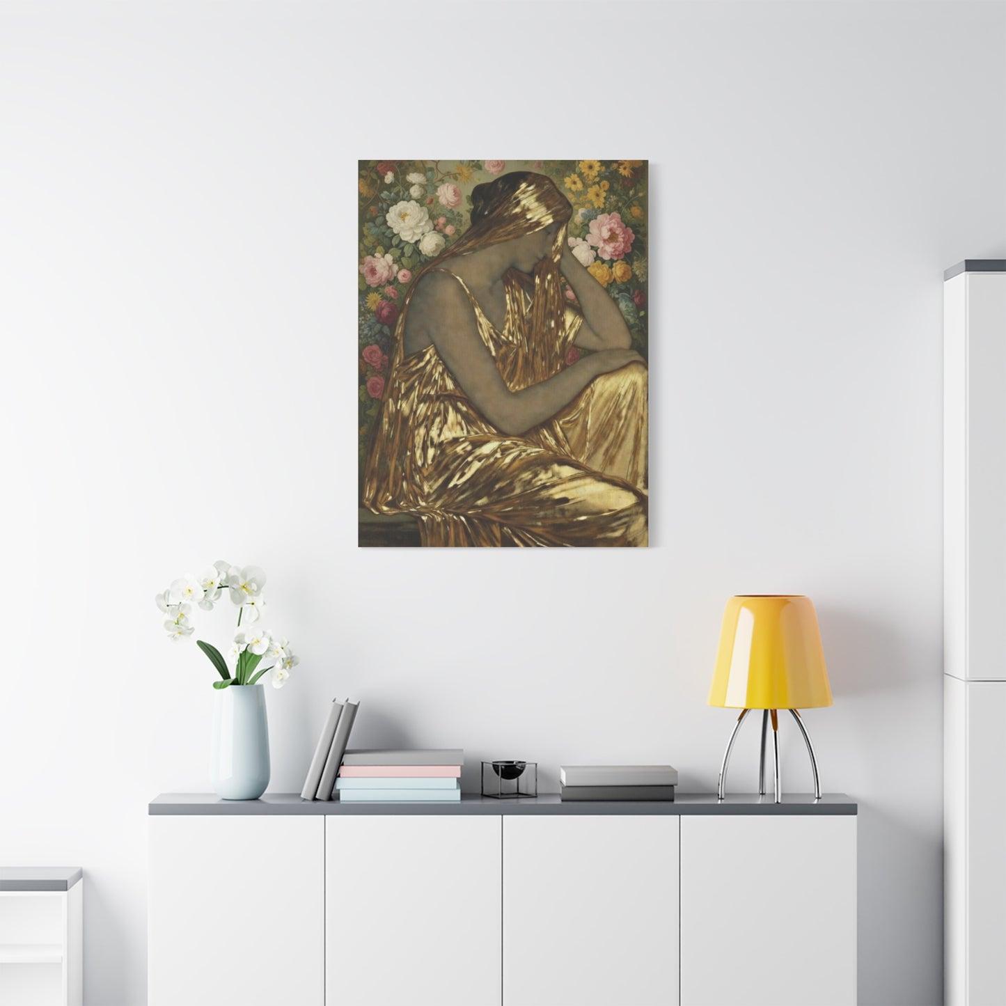 Golden Muse Canvas Print — Woman in Gold Floral Art (Stretched Matte)