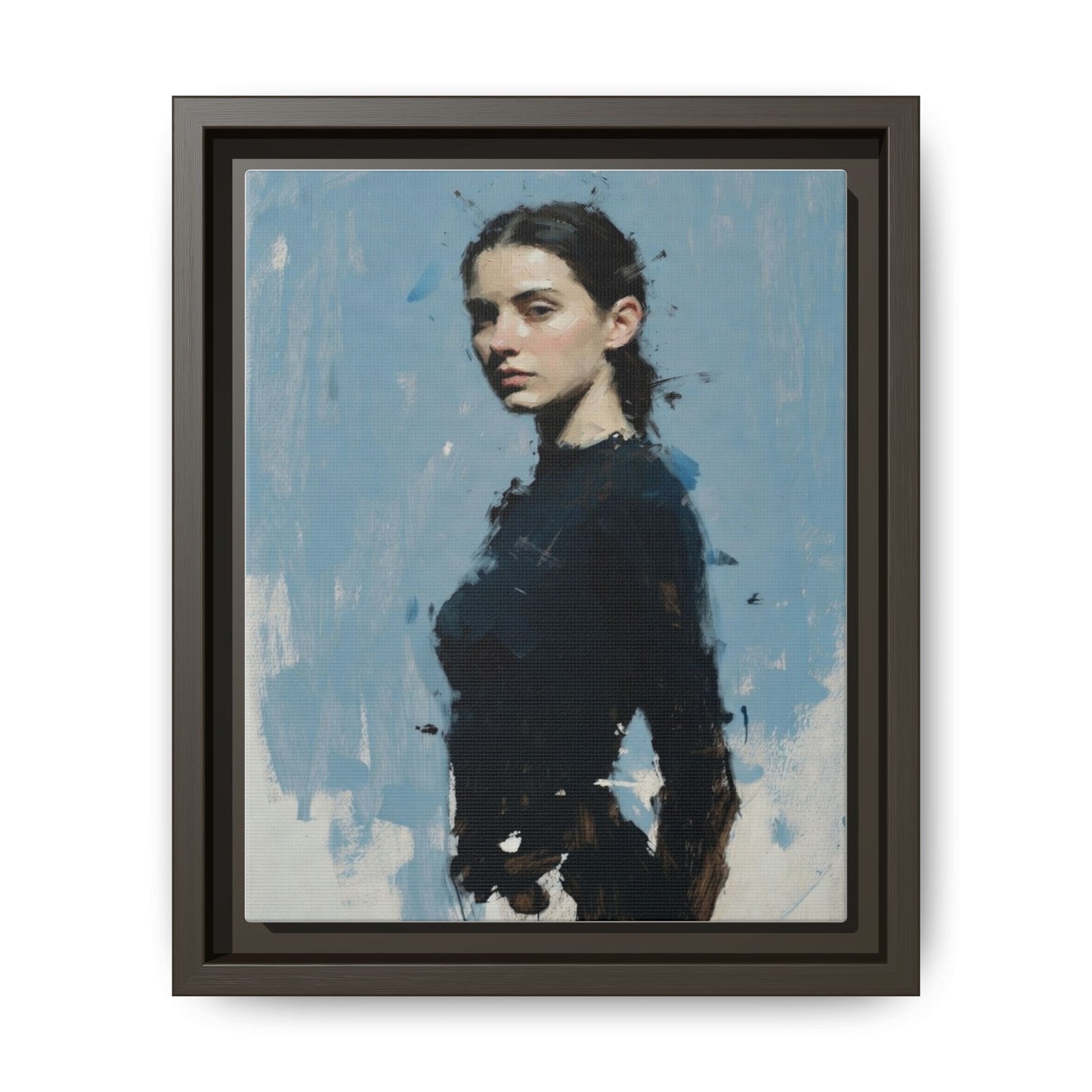Framed Matte Canvas Portrait Print — Elegant Blue Woman Art