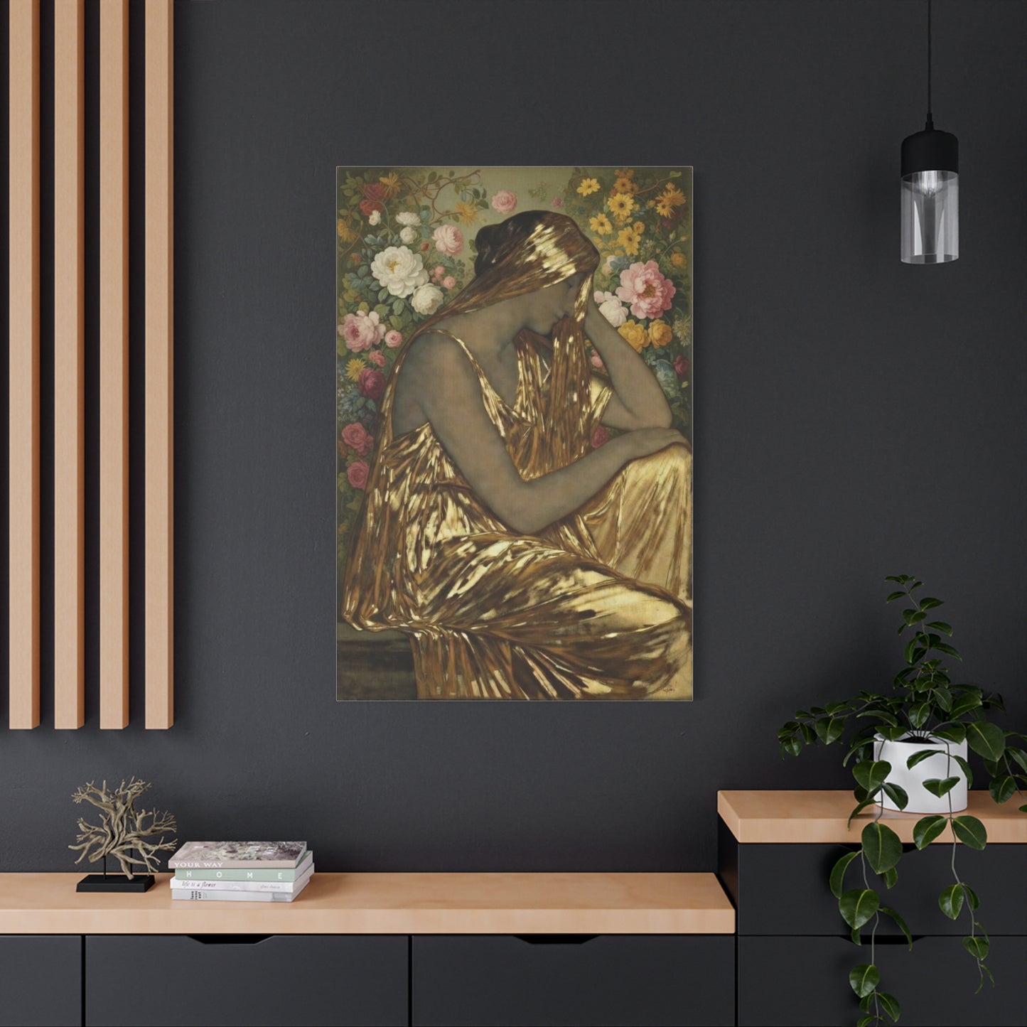 Golden Muse Canvas Print — Woman in Gold Floral Art (Stretched Matte)