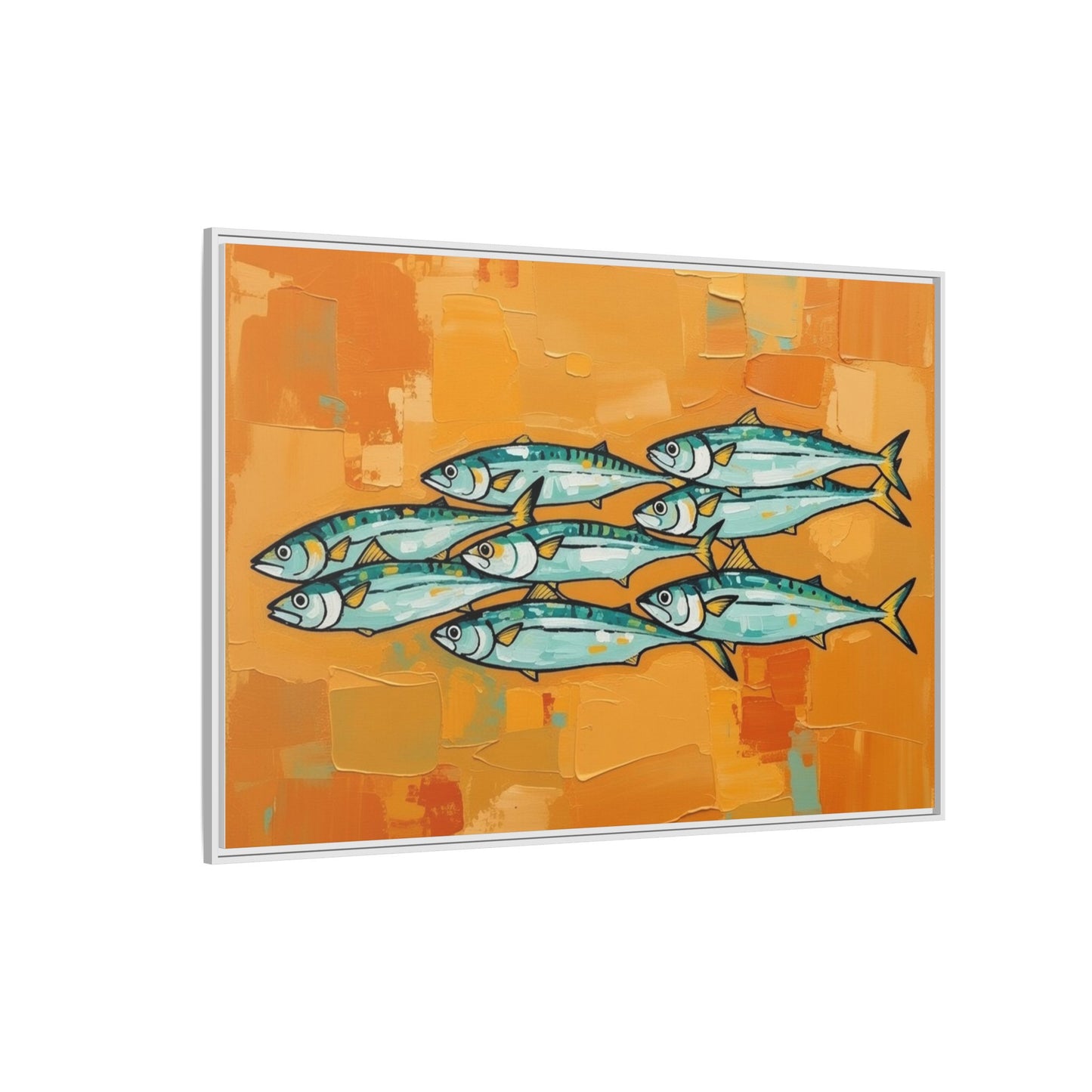 Framed Matte Canvas Print — School of Blue Fish on Orange Abstract Background