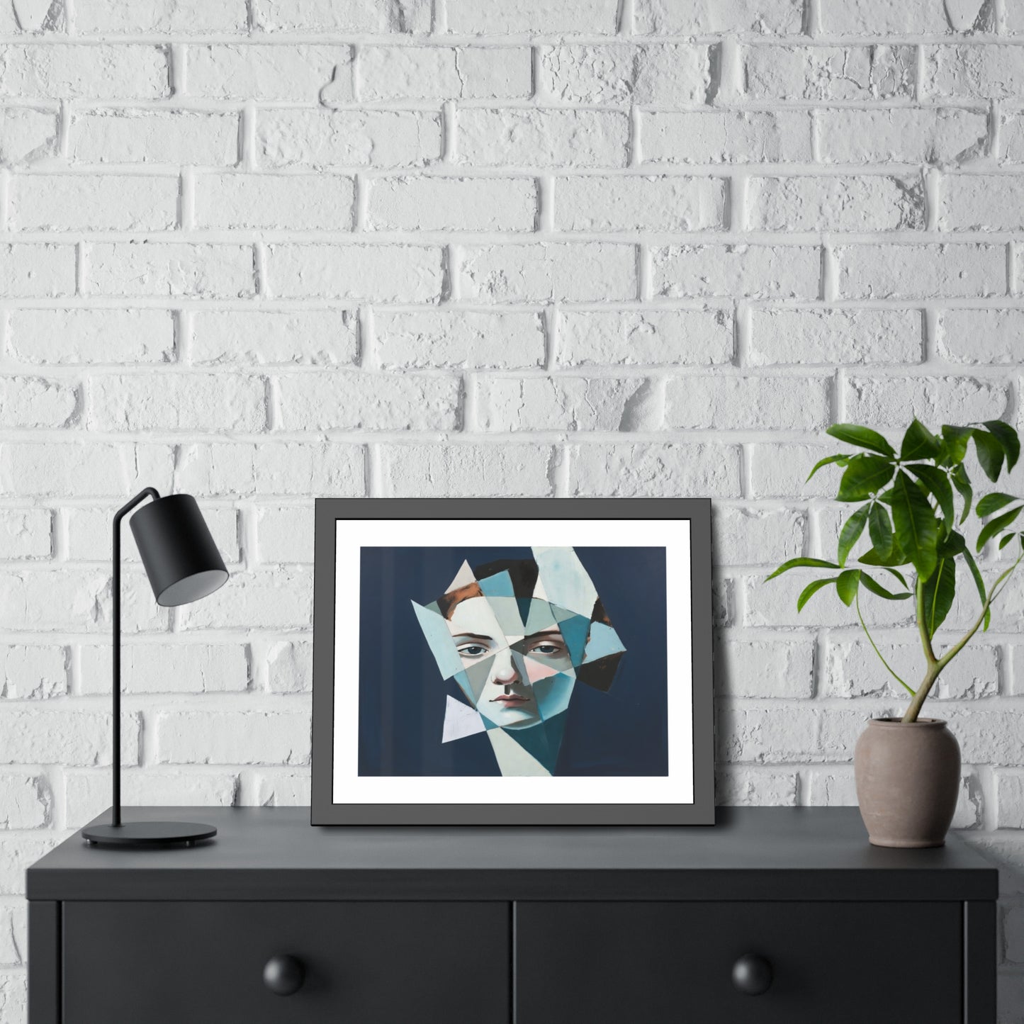 Abstract Geometric Portrait Framed Poster — Modern Blue Art Print