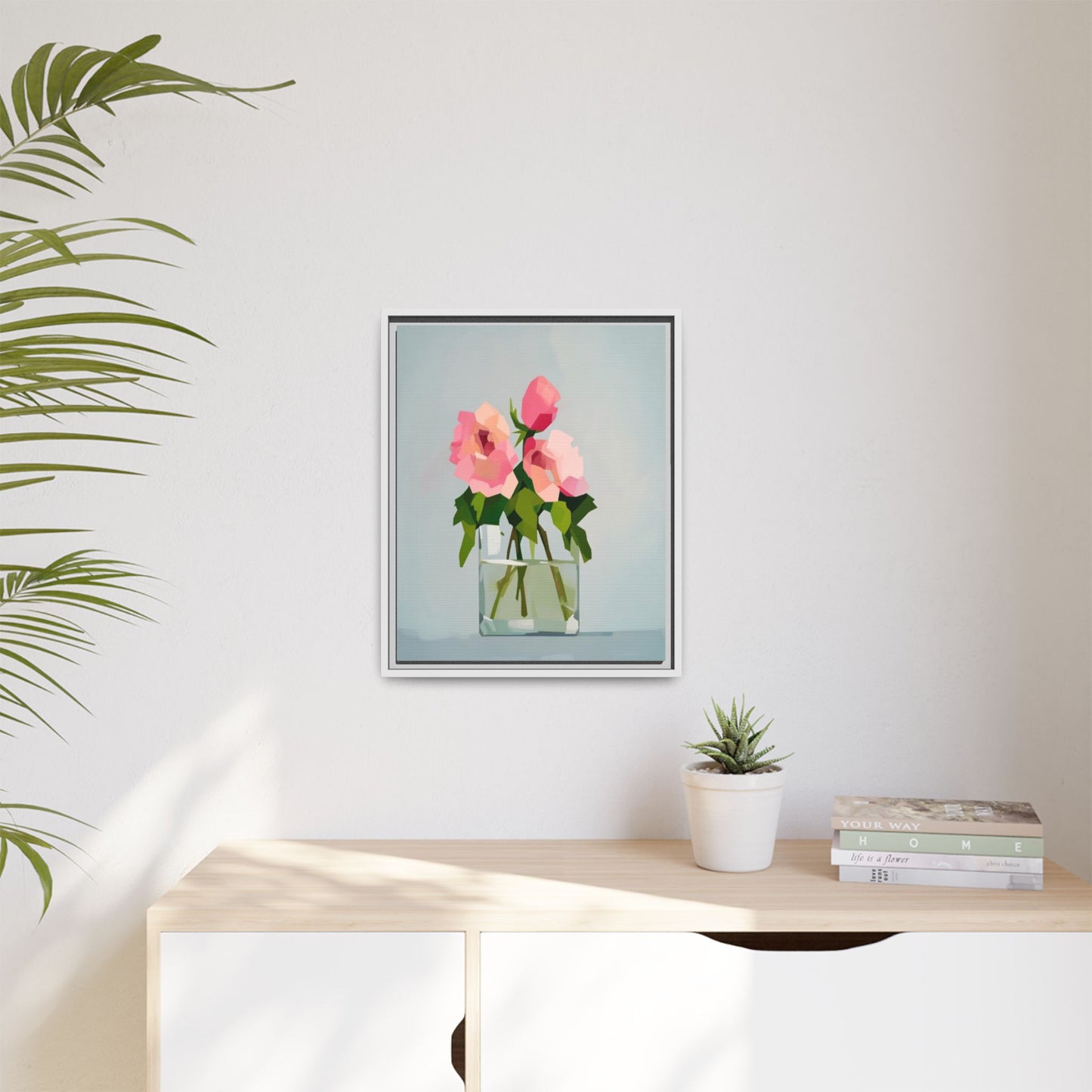 Framed Floral Canvas Print — Pink Roses in Glass Vase (Matte)