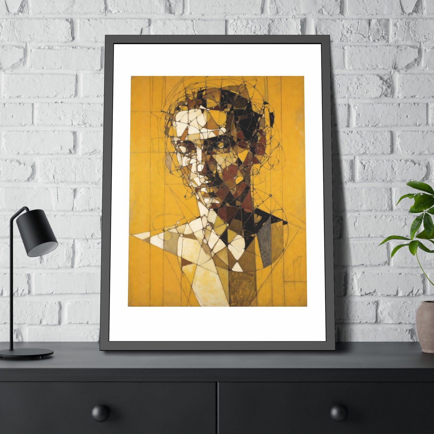 Framed Poster — Abstract Geometric Portrait on Mustard Yellow