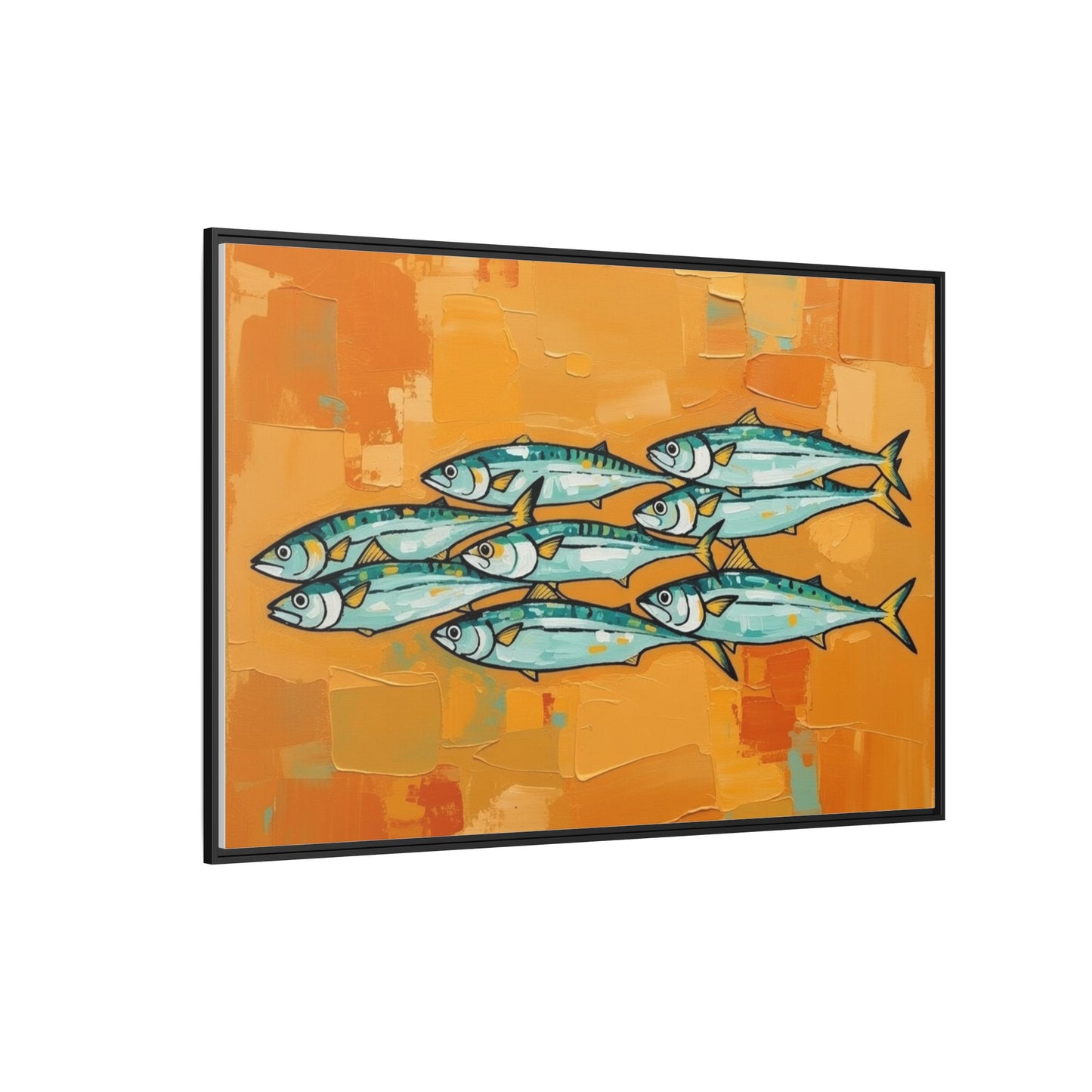 Framed Matte Canvas Print — School of Blue Fish on Orange Abstract Background