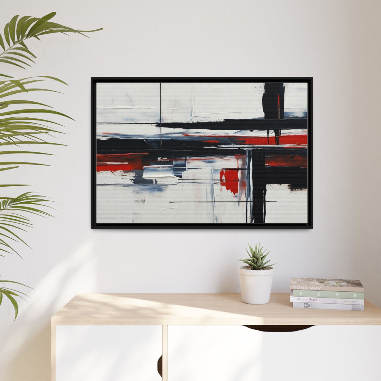 Abstract Red & Black Framed Canvas Art — Modern Matte Wall Painting