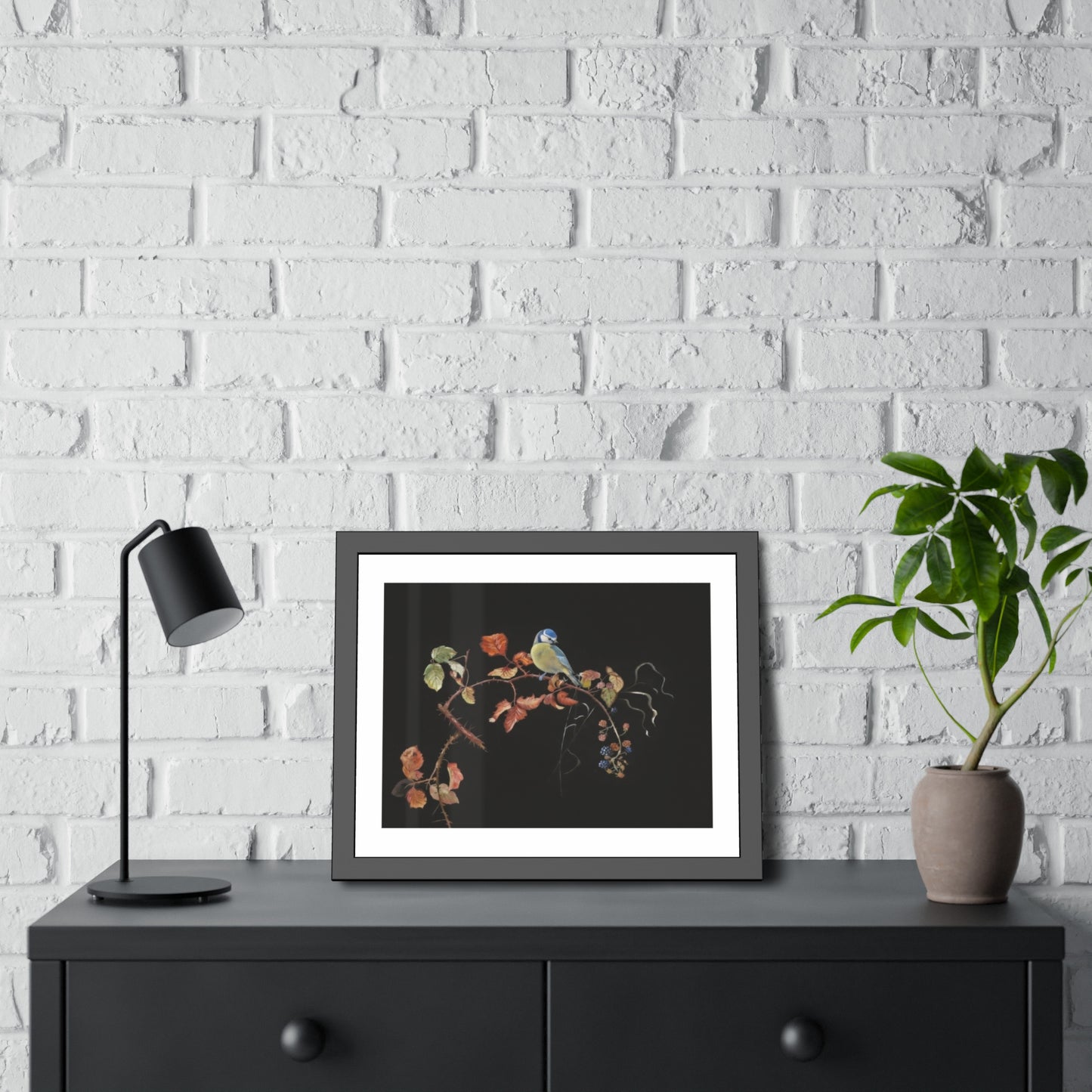 Framed Bird Print Poster — Vintage Botanical Bird Illustration on Black
