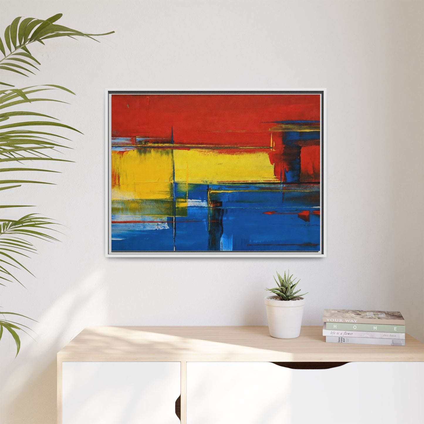 Abstract Color Block Matte Canvas Framed Wall Art — Modern Red Yellow Blue Painting