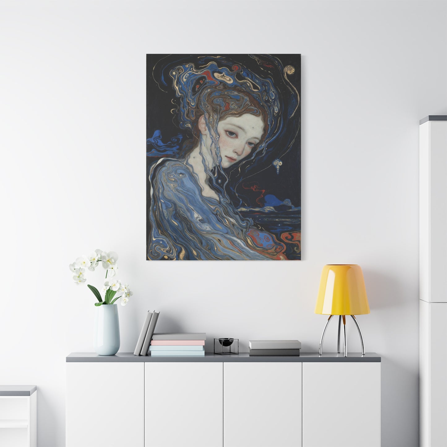 Ethereal Siren Matte Canvas Wall Art — Surreal Blue Portrait, Stretched 1.25"