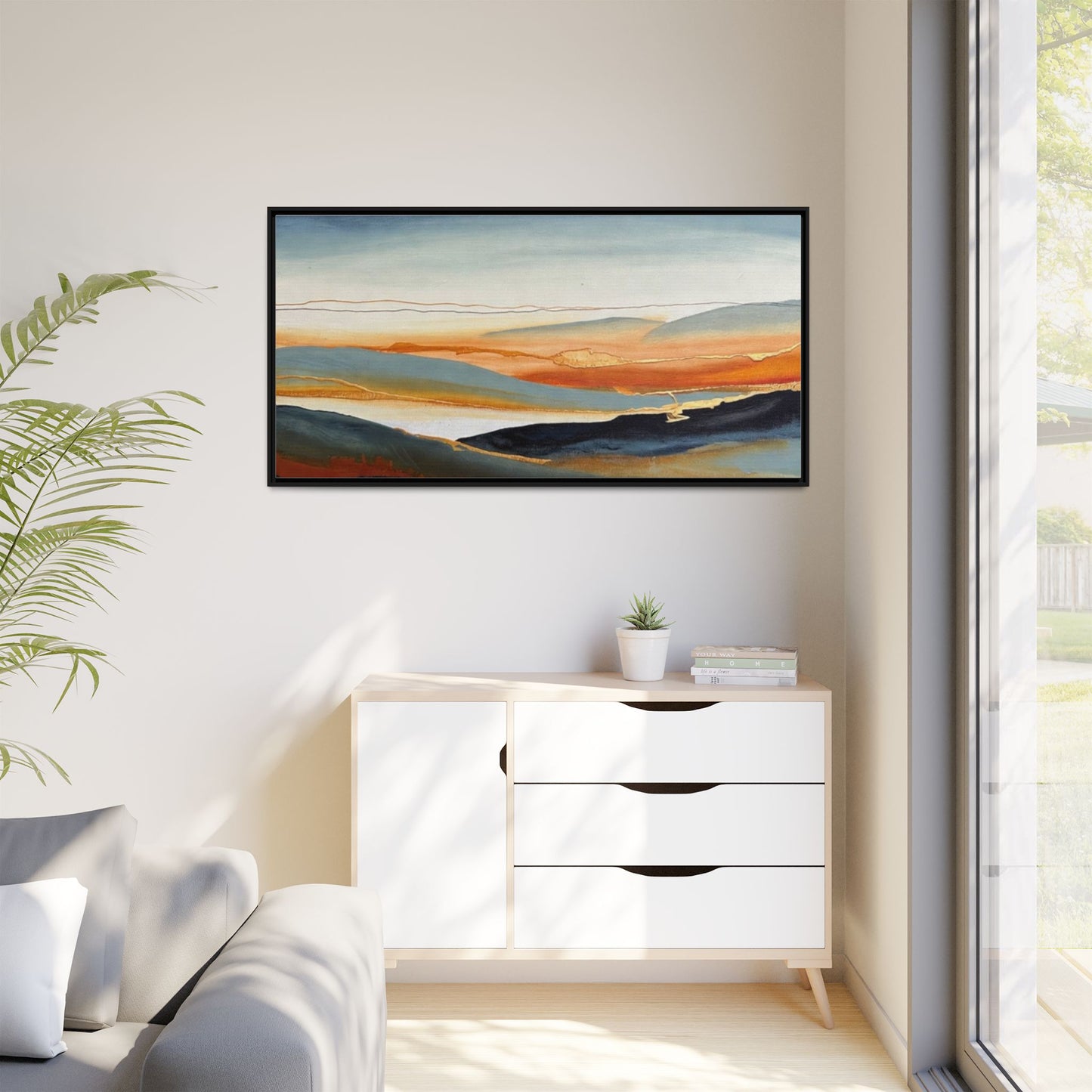 Framed Matte Canvas: Abstract Coastal Sunset Landscape Wall Art