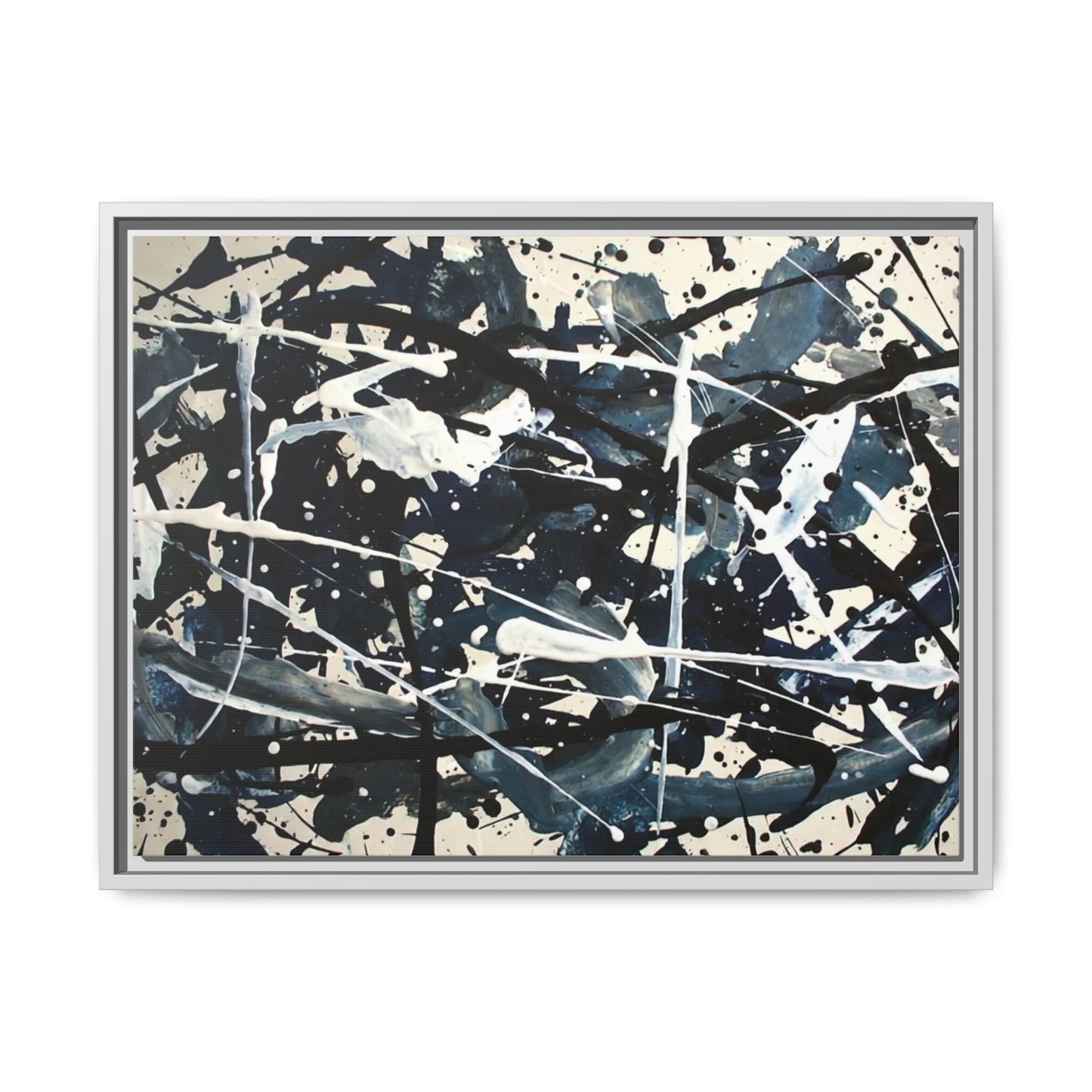 Abstract Splatter Matte Canvas Framed Wall Art — Black & Blue Modern Art Print