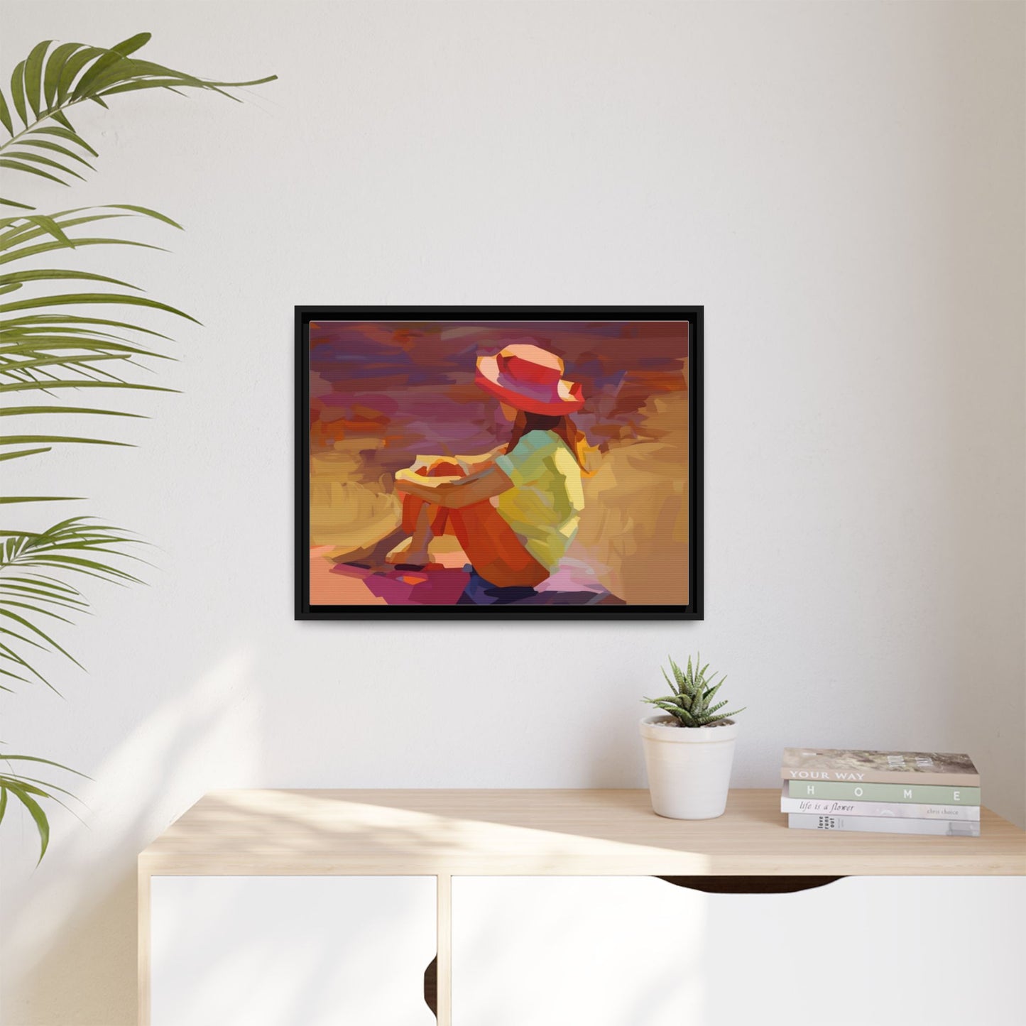 Framed Matte Canvas — Colorful Seated Girl Beach Art